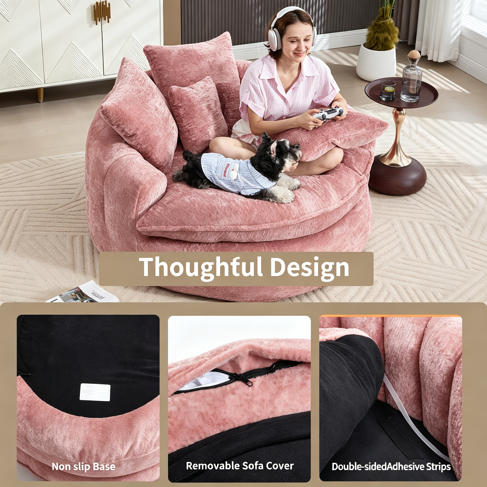 Oversized Chenille Round Sofa, Fluffy Reading Chair for Living Room