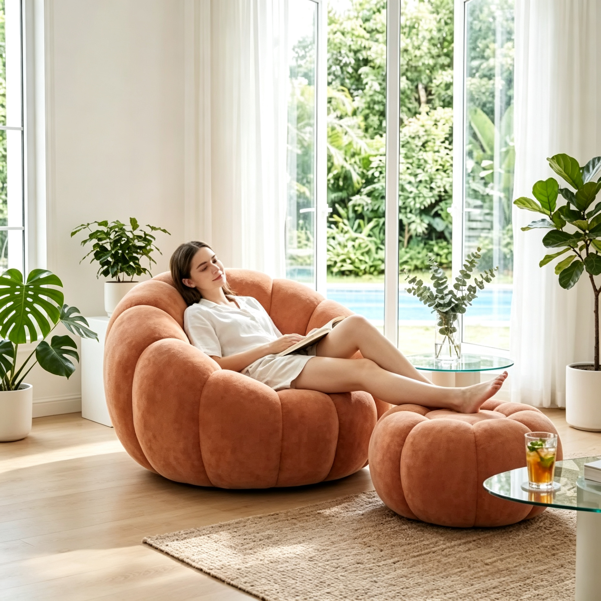 Oversized Pumpkin Accent Chair – 42" Floor Sofa with Memory Foam & Ottoman, No Assembly