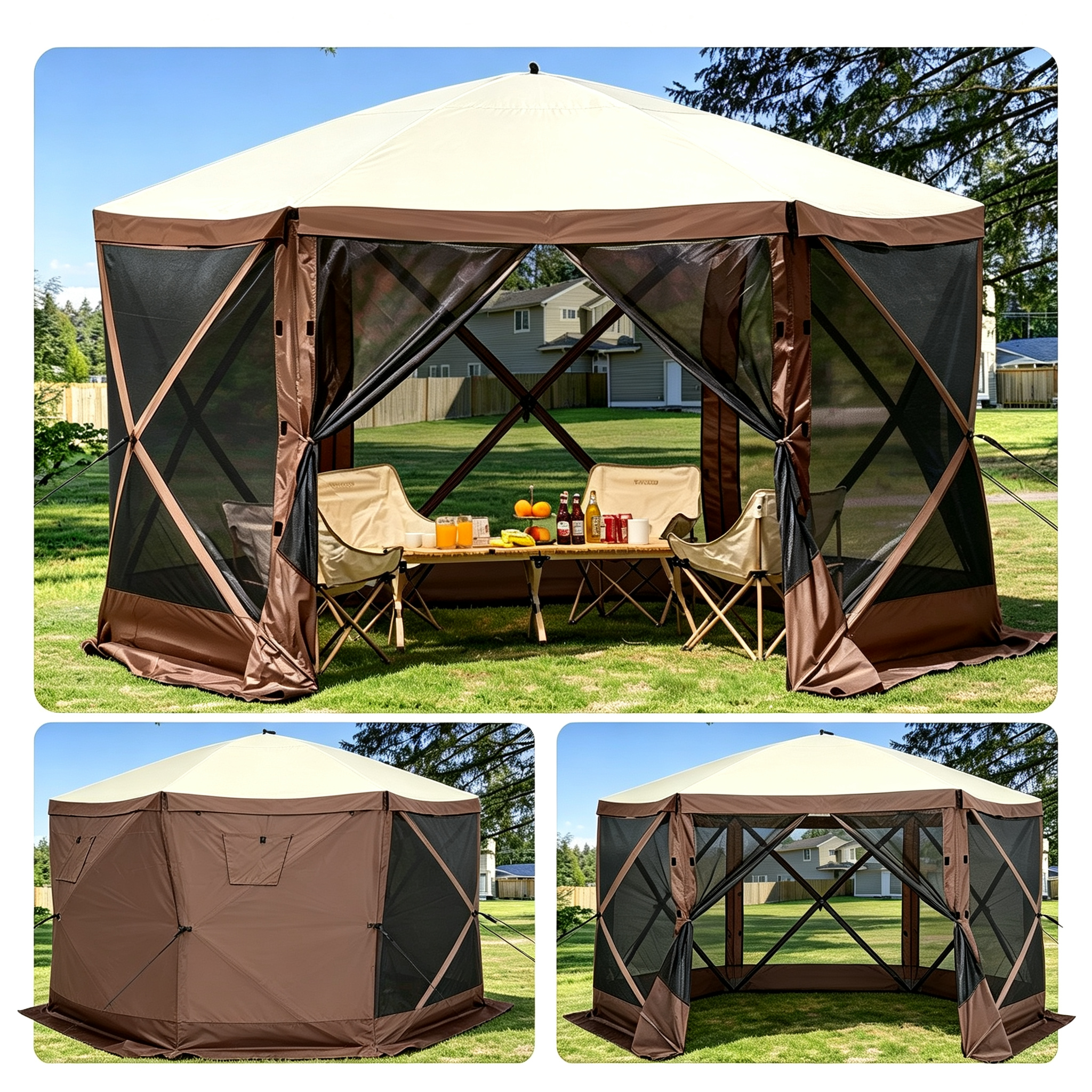 8-Person Waterproof 10x10ft Camping Pop-Up Canopy Tent Ground Stakes Mesh Windows Portable Storage Bag Brown Beige