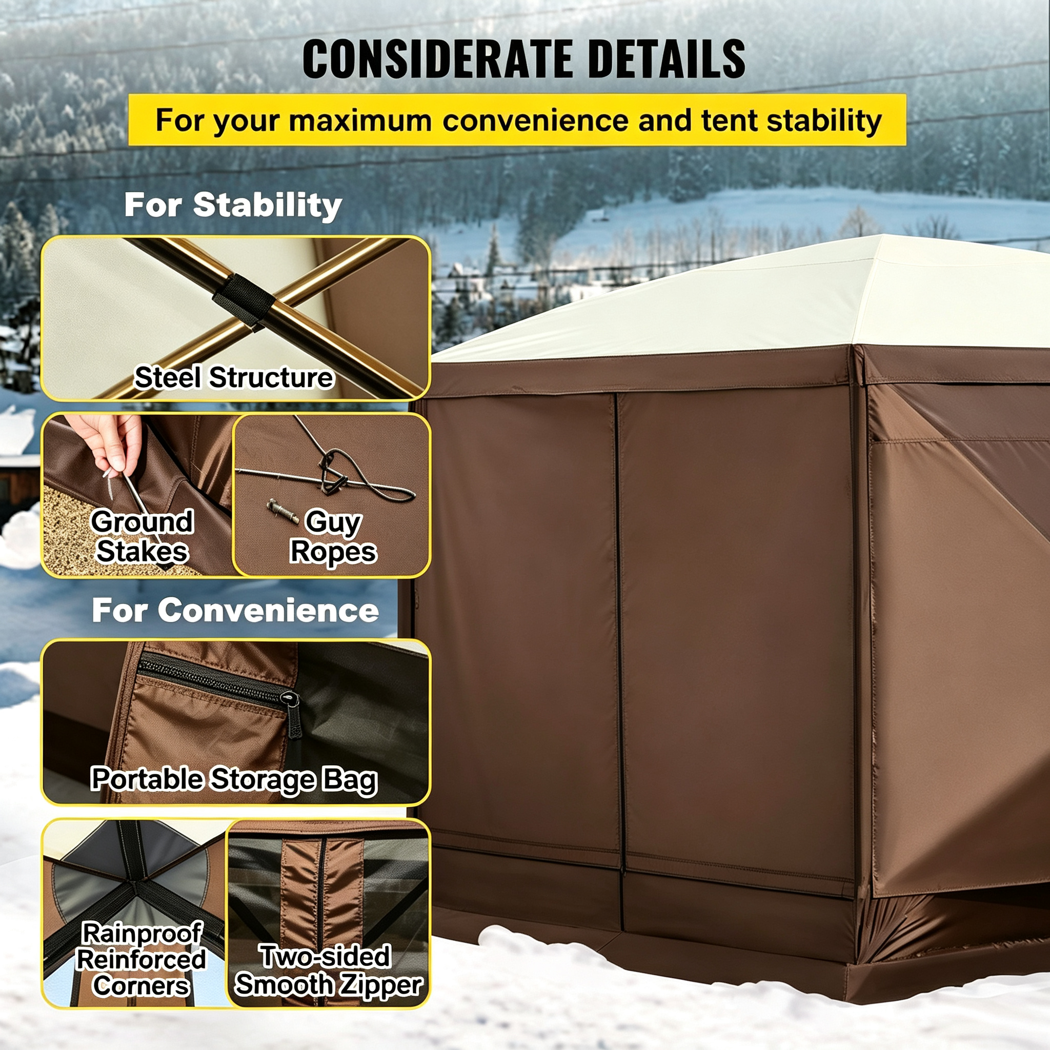 8-Person Waterproof 10x10ft Camping Pop-Up Canopy Tent Ground Stakes Mesh Windows Portable Storage Bag Brown Beige