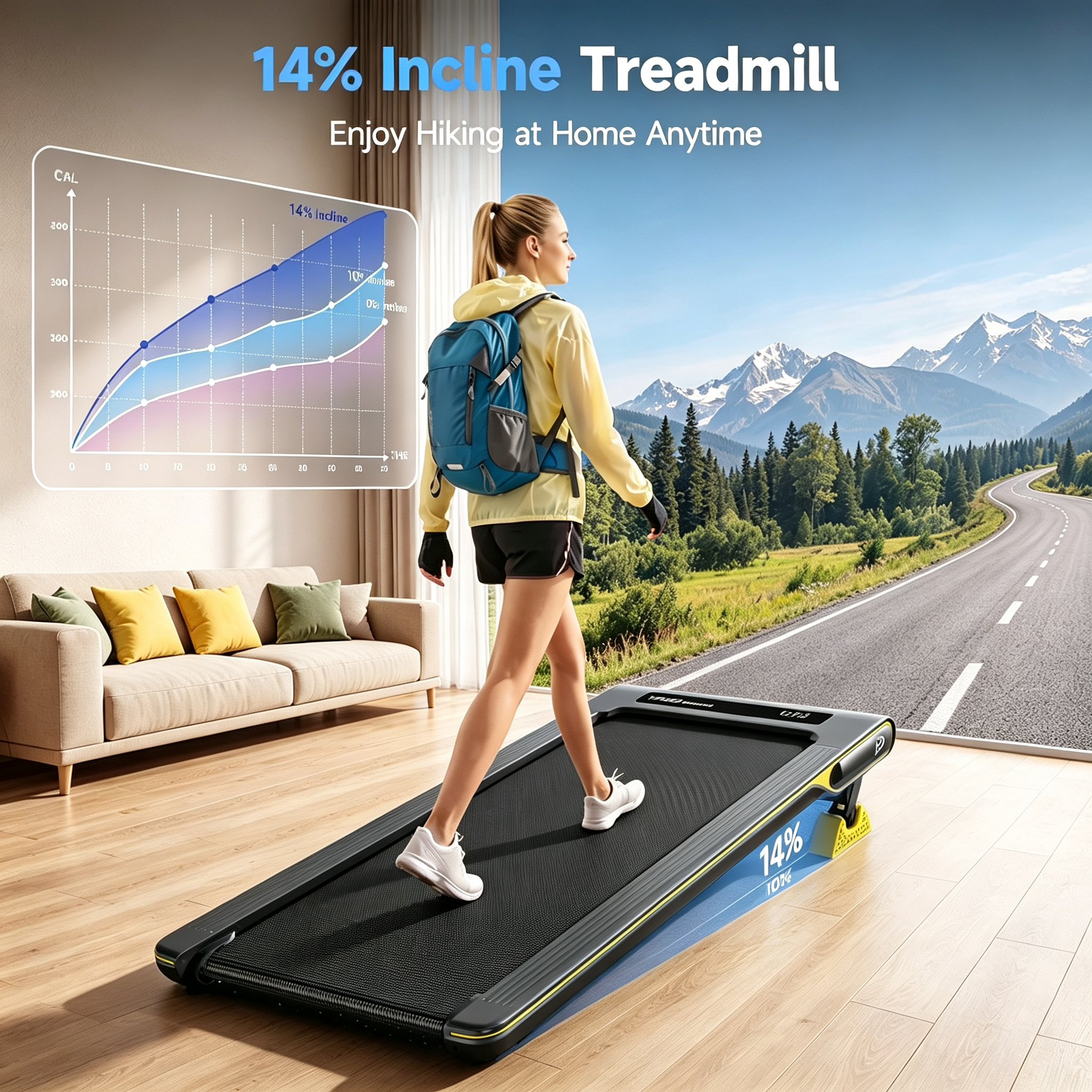 Walking Pad with 14% Incline Under Desk Treadmill for Home & Office