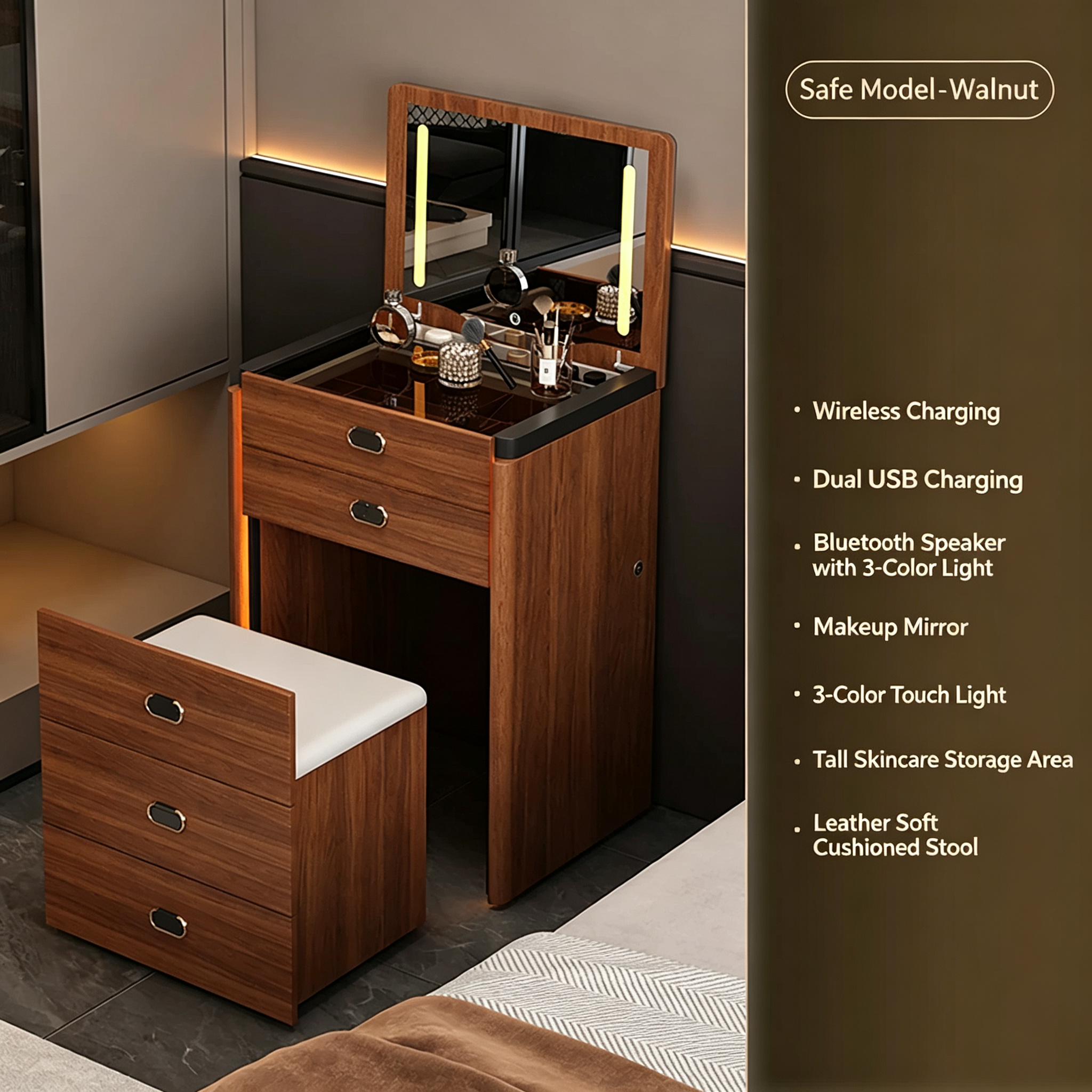 Smart Nightstand with LED Lighting and Safe Box