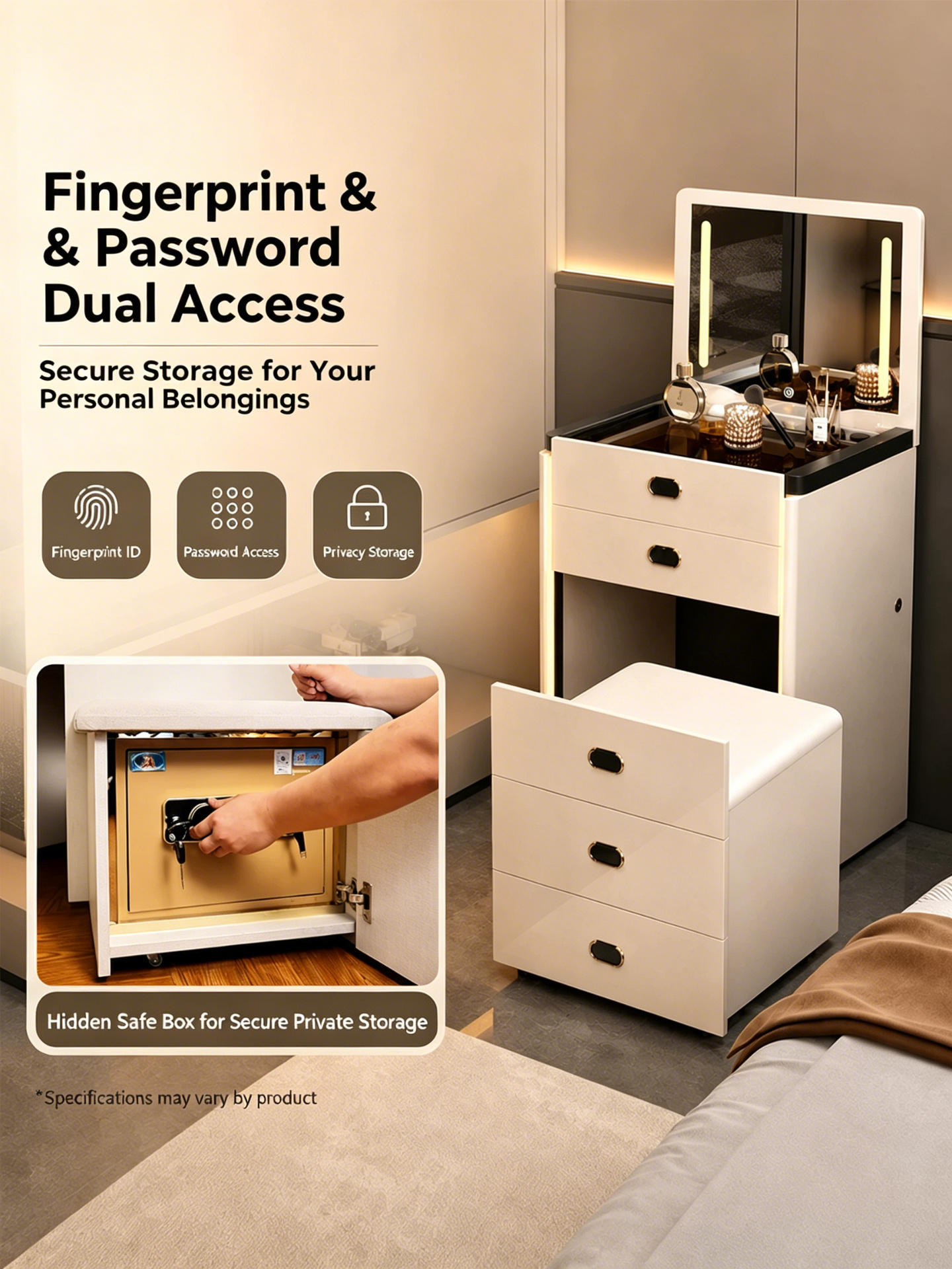  Smart Nightstand with LED Lighting and Safe Box