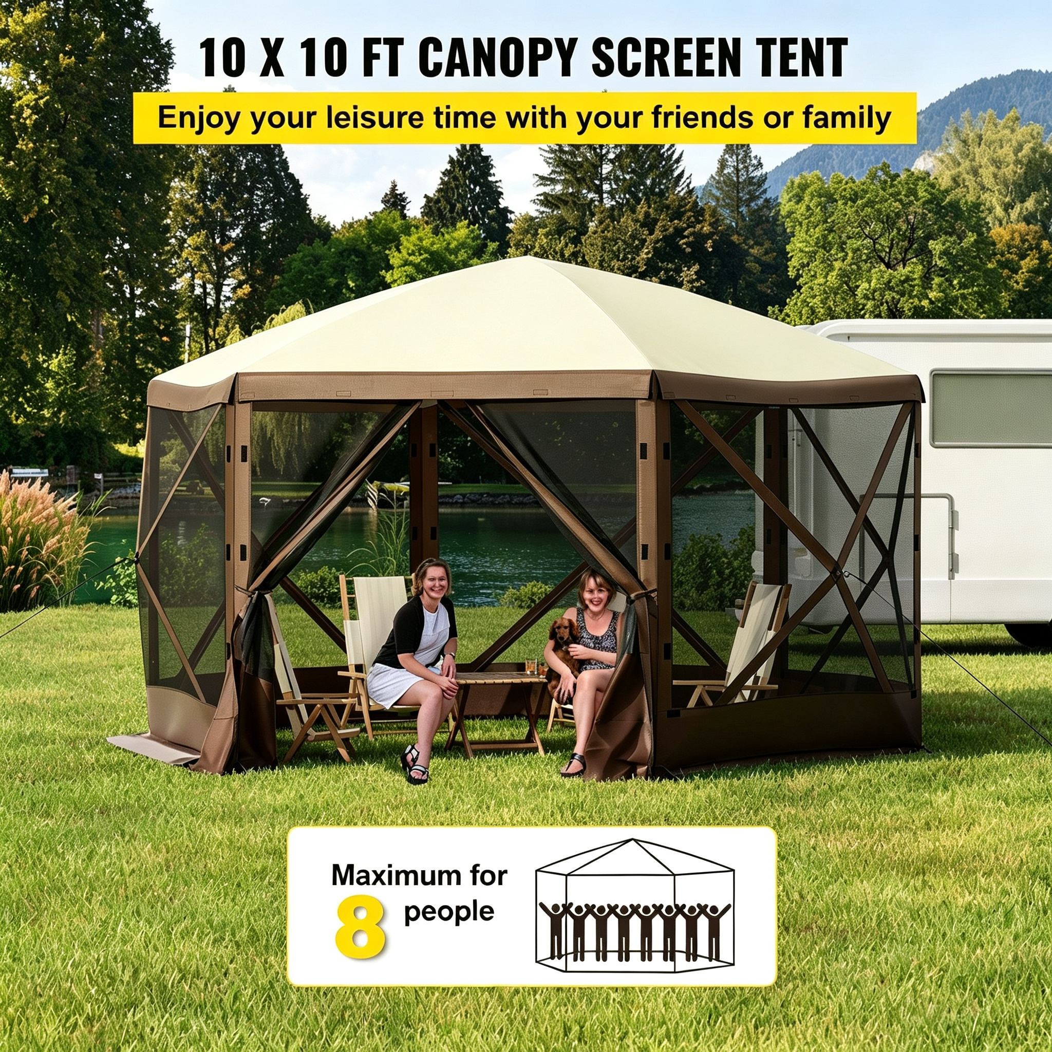8-Person Waterproof 10x10ft Camping Pop-Up Canopy Tent Ground Stakes Mesh Windows Portable Storage Bag Brown Beige