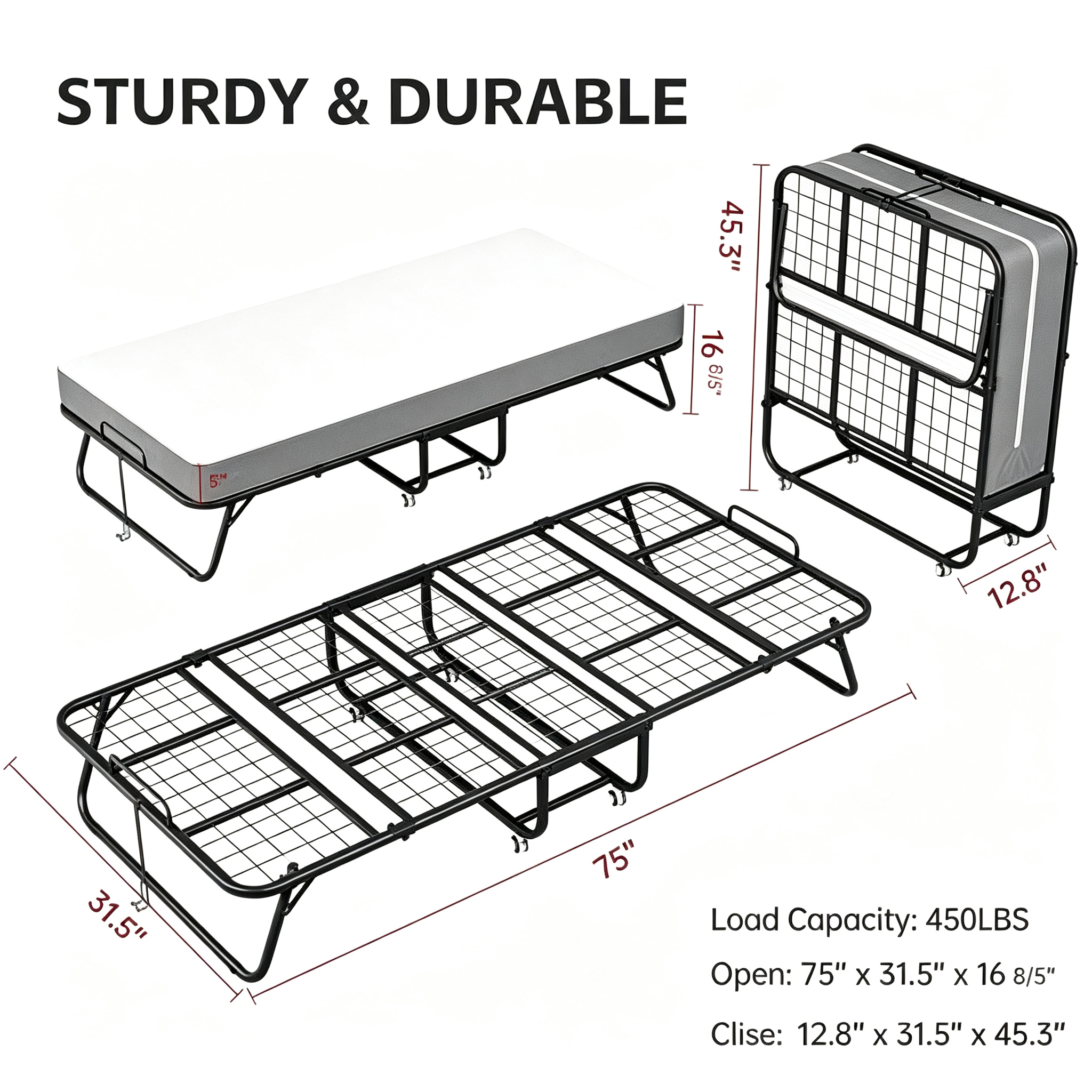 Folding Bed with Mattress, Roll Away Beds with Mattress for Adults, Single Cot Foldable Rollaway Beds, 75" x 31" Portable Bed for Easy Storage, Strong Frame for Guest Room, Small Apartment