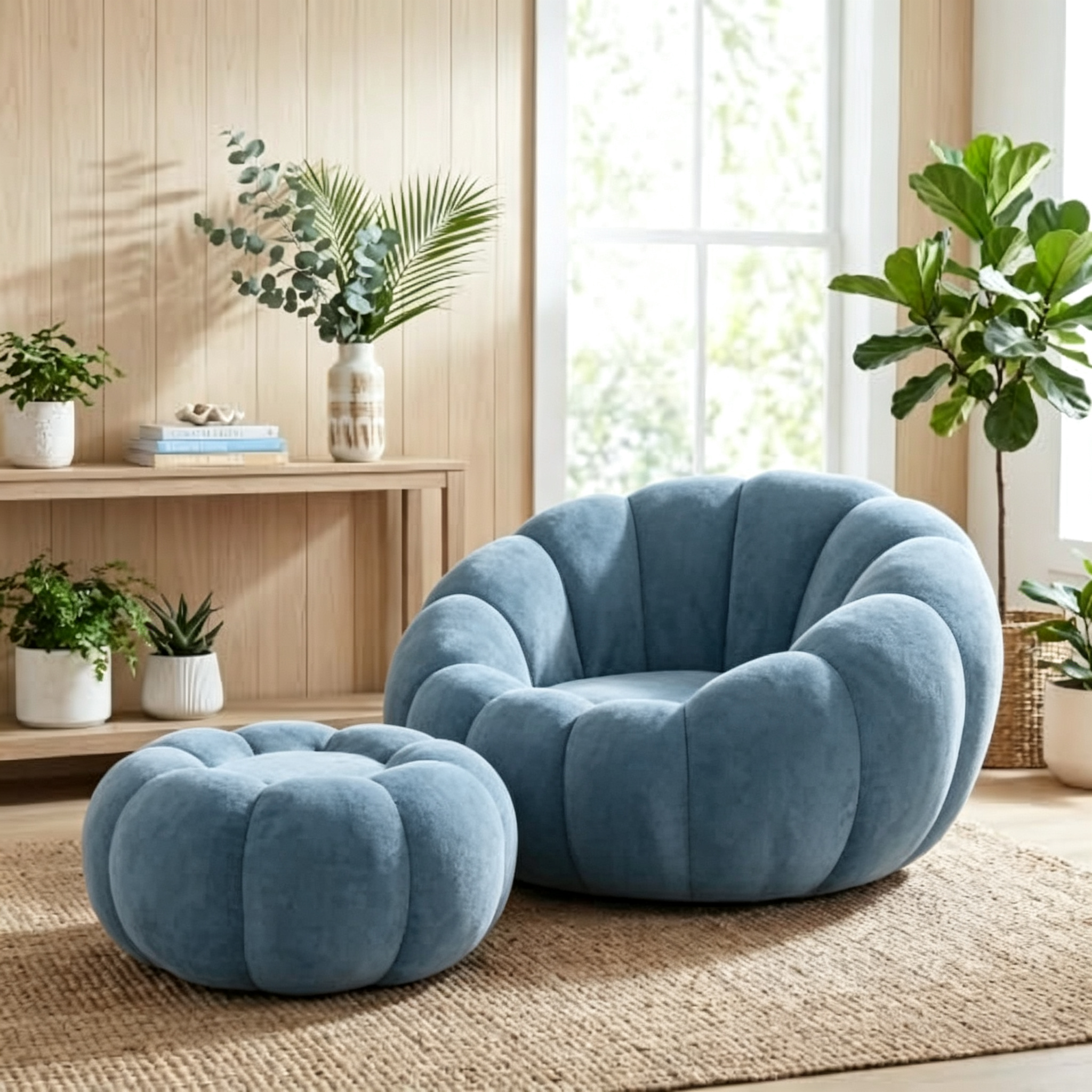 Oversized Pumpkin Accent Chair – 42" Floor Sofa with Memory Foam & Ottoman, No Assembly