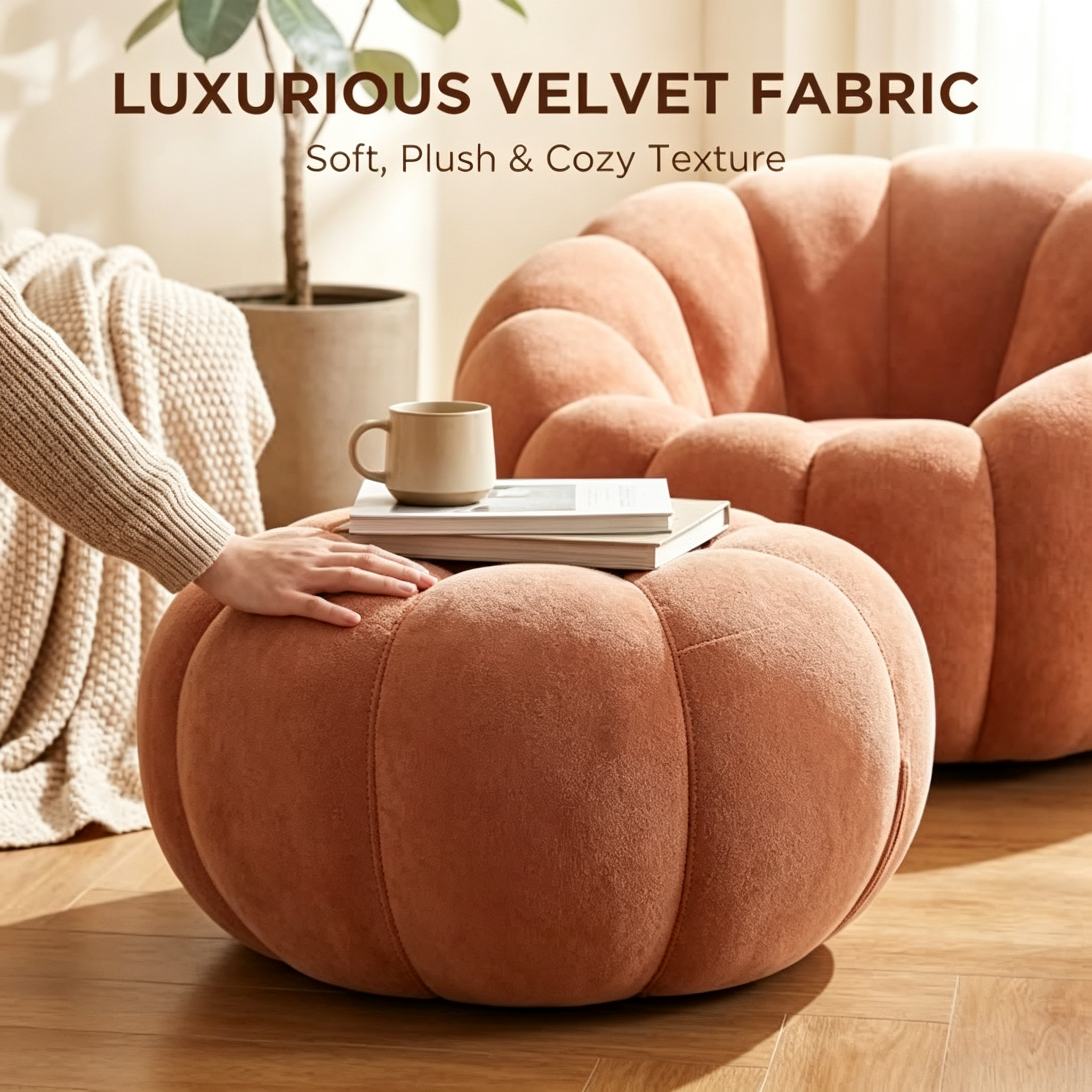 Oversized Pumpkin Accent Chair – 42" Floor Sofa with Memory Foam & Ottoman, No Assembly