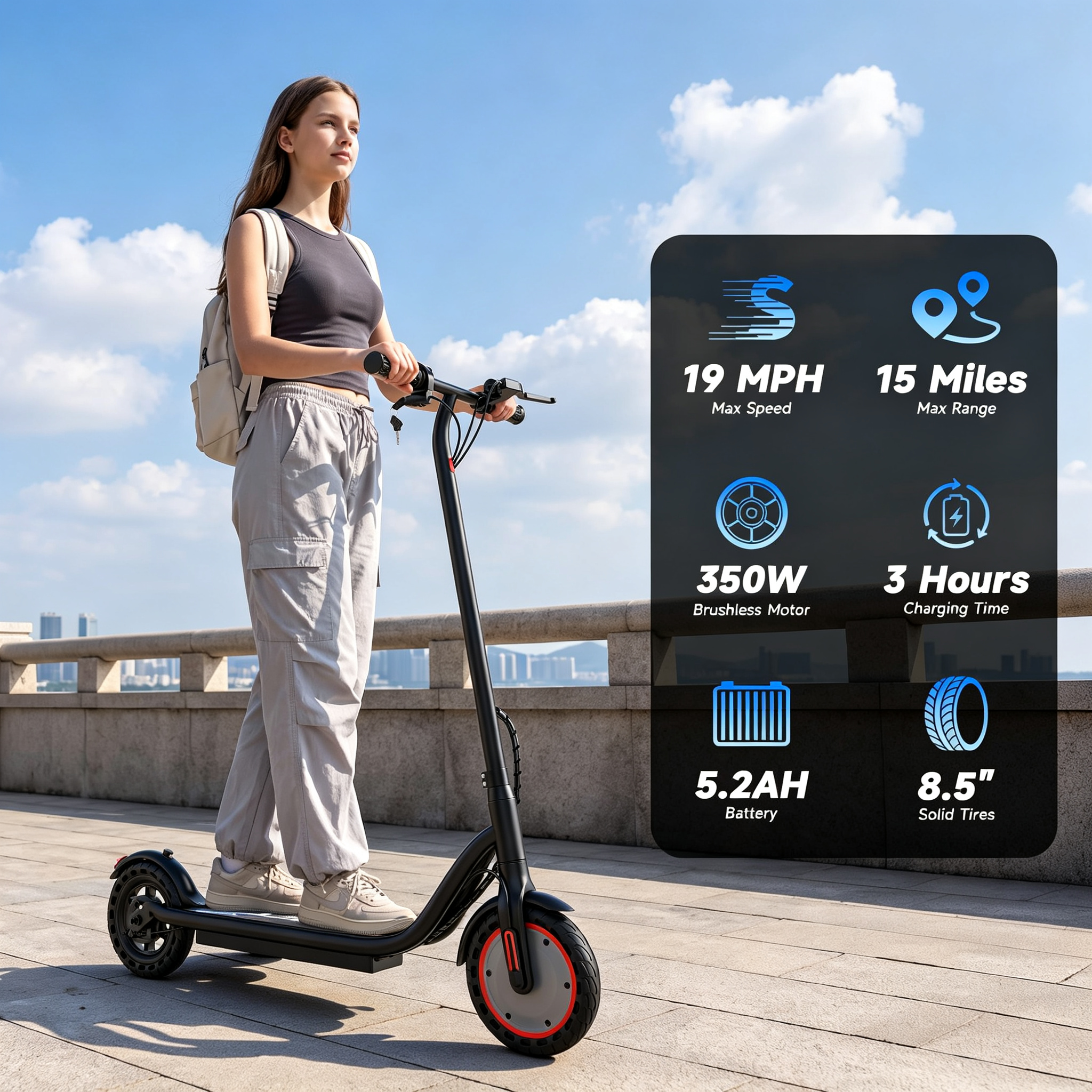 Electric Scooter - 350W/500W Motor, 8.5"/10''Solid Tires, Up to 19/22MPH& 16/21/23Miles Long-Range Portable Commuting Scooter for Adults with Double Braking System, App