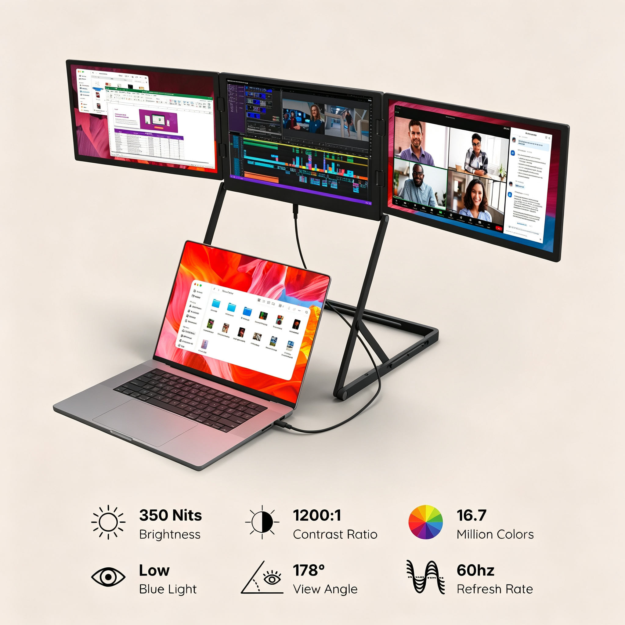Fold‑Out Triple Portable Monitor for Laptops, 1080P Full HD 3‑Screen Workstation, Adjustable Aluminum Stand, Plug‑and‑Play for Most Laptops