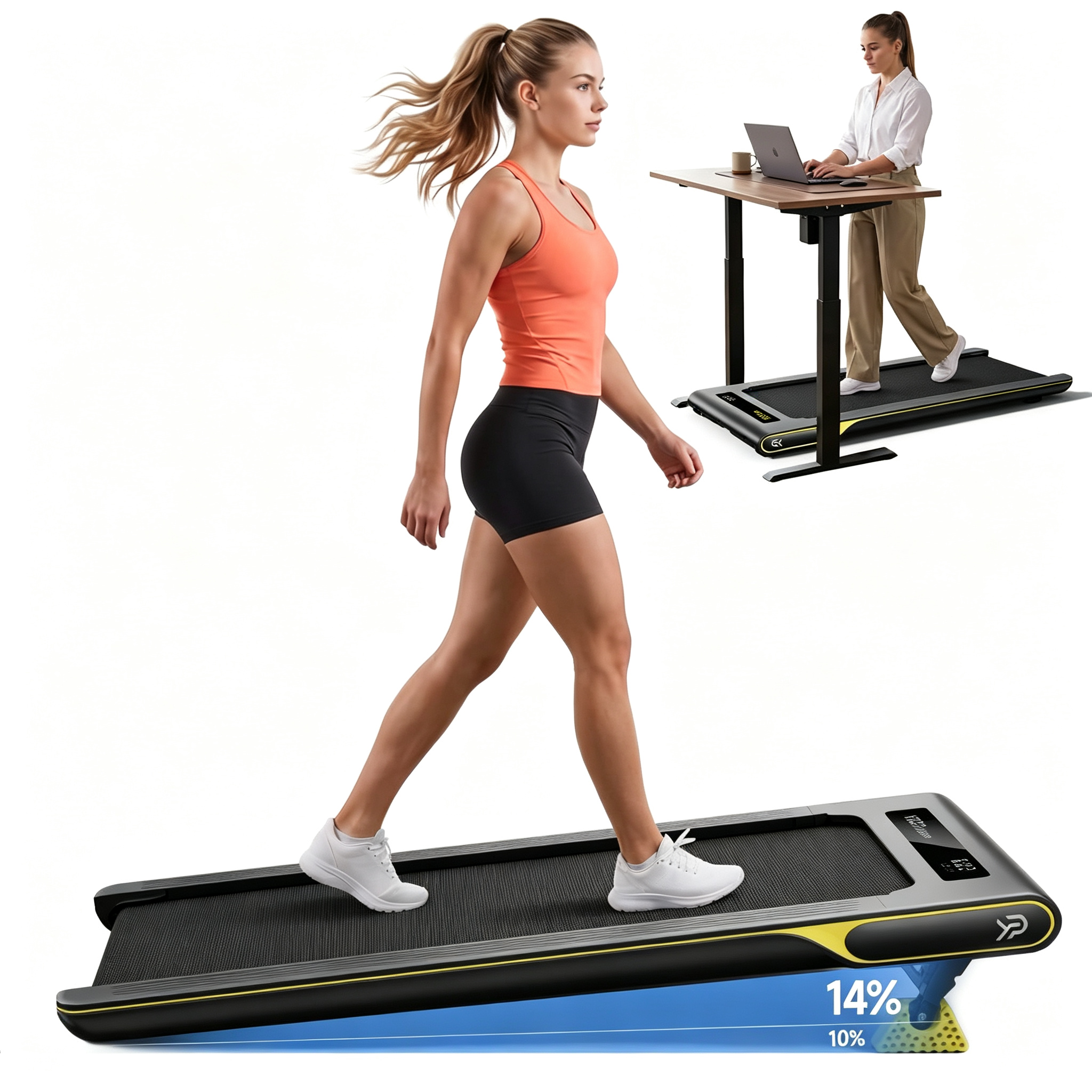 Walking Pad with 14% Incline Under Desk Treadmill for Home & Office