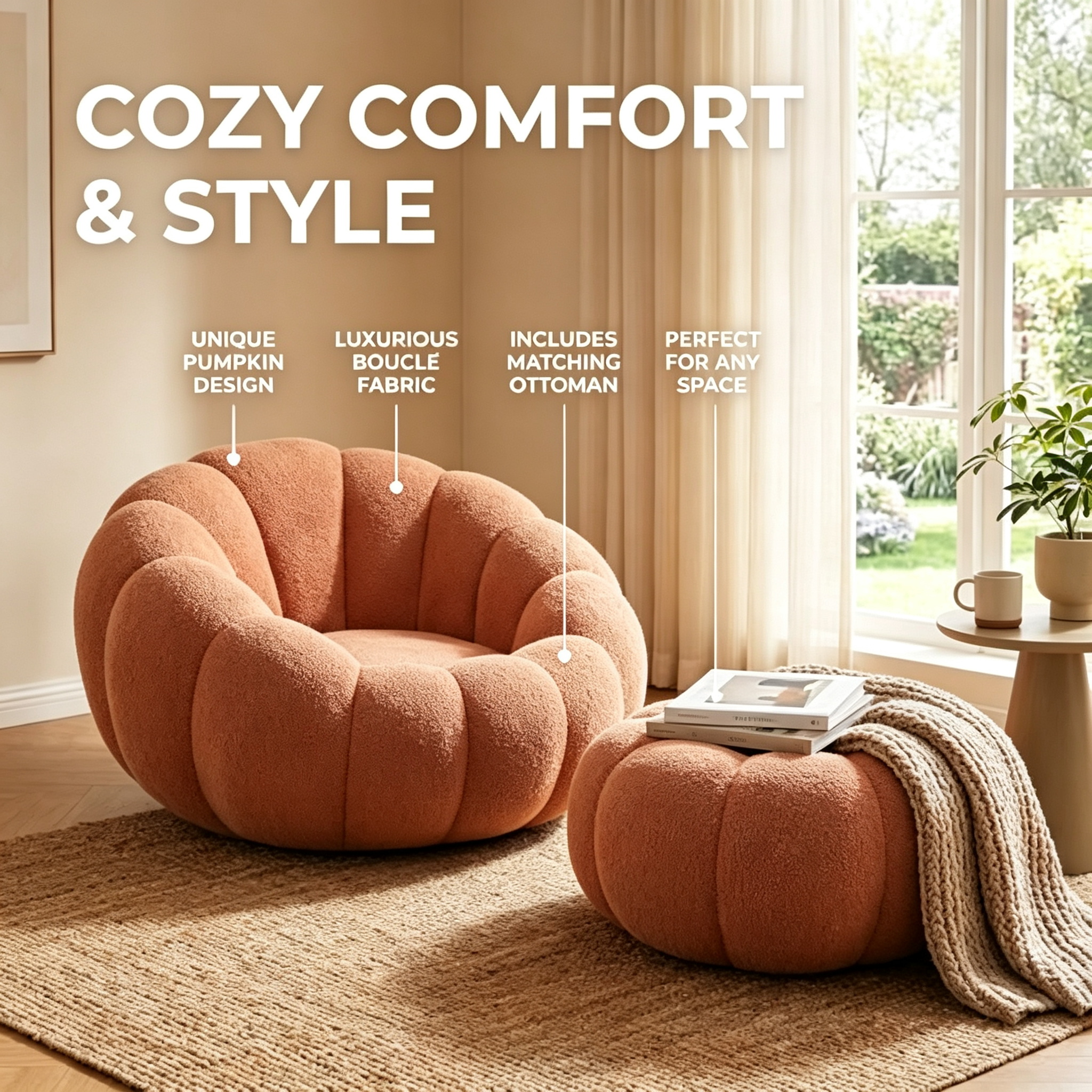 Oversized Pumpkin Accent Chair – 42" Floor Sofa with Memory Foam & Ottoman, No Assembly