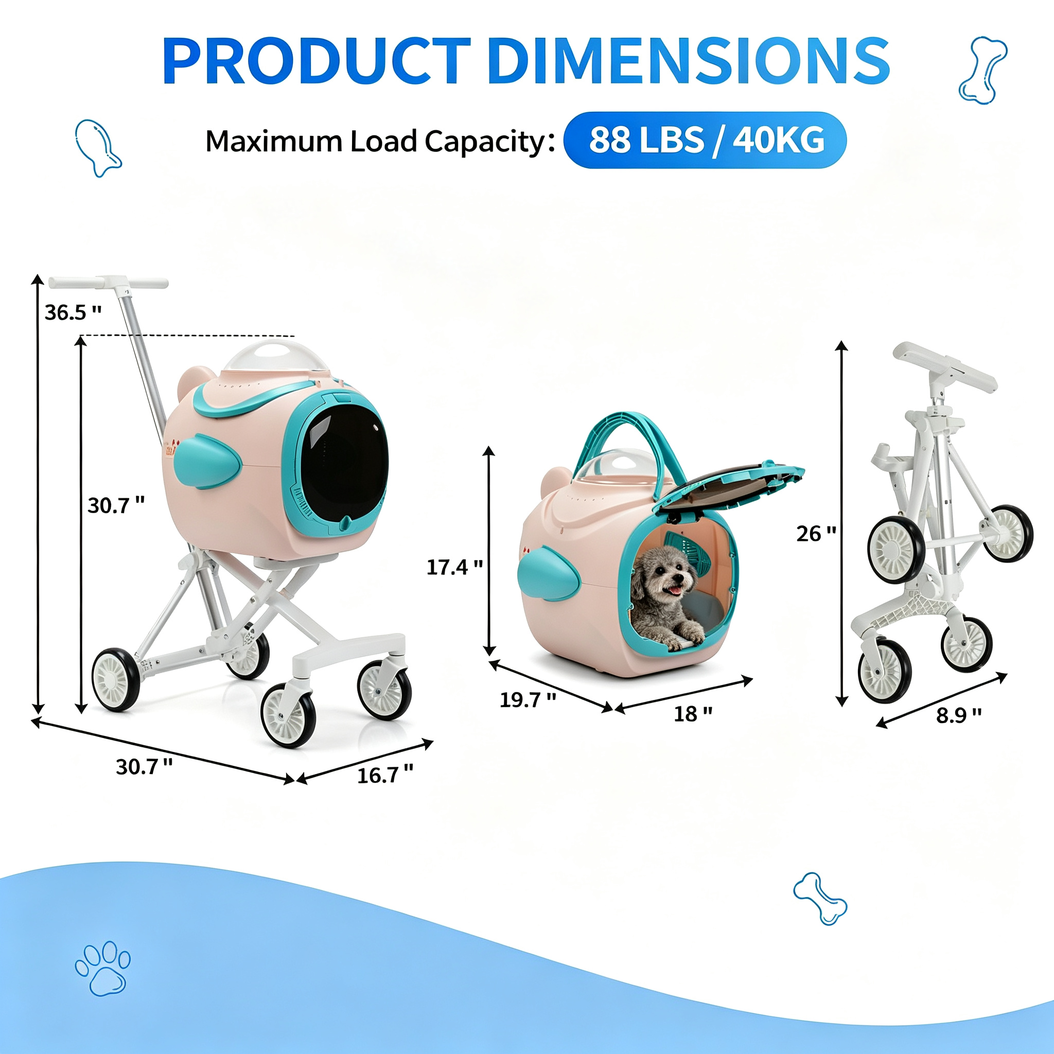 Dog Pet Stroller with Cooling Exhaust Fan, Foldable 4-Wheel Cat Stroller Car Seat with Temperature Display Anti-Irritation Privacy Barrier