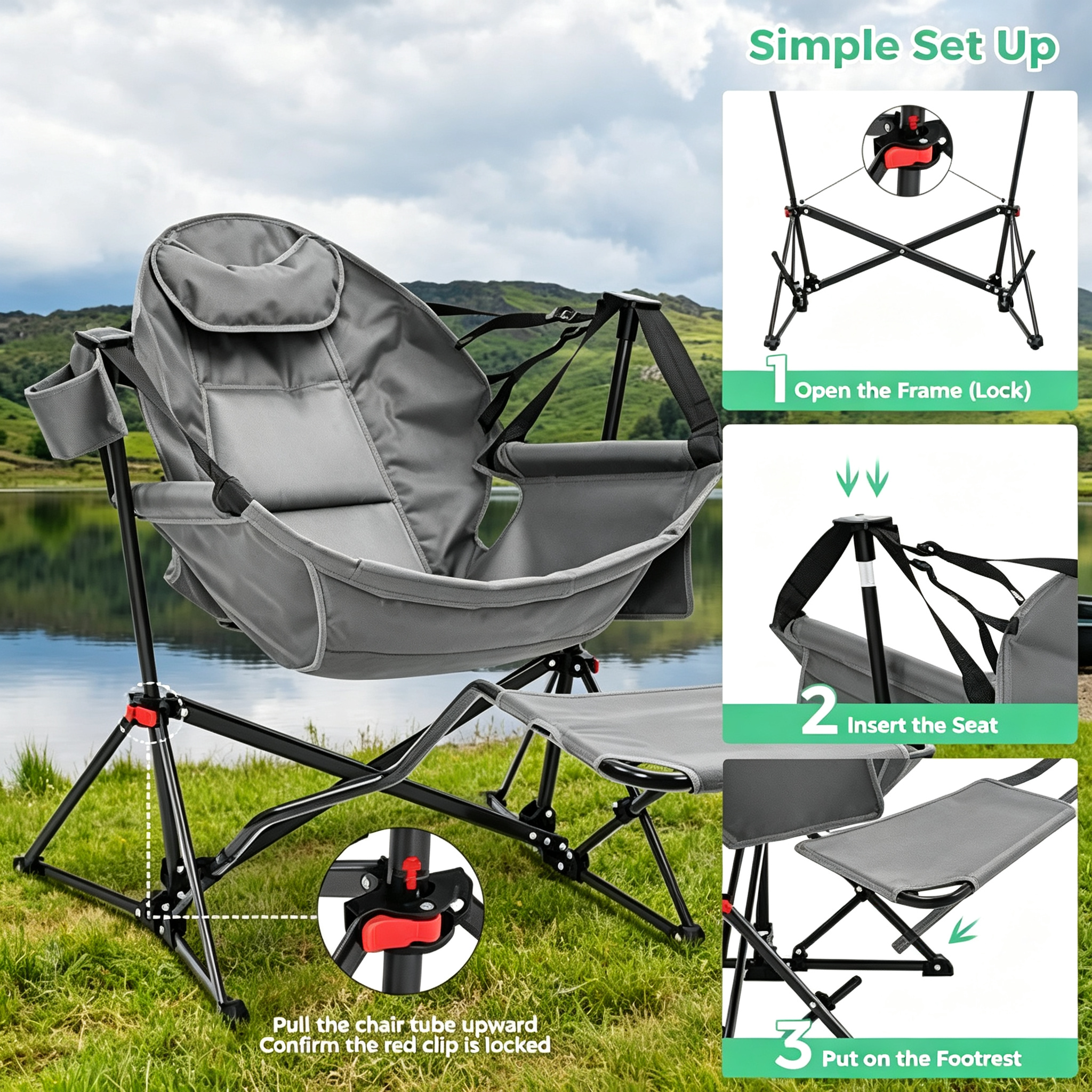 Hammock Chair with Footrest, Oversized Swinging Portable Folding Camping Chairs for Adults Outside Swinging Camp with Cup Holder Pillow for Outdoor Patio Lawn