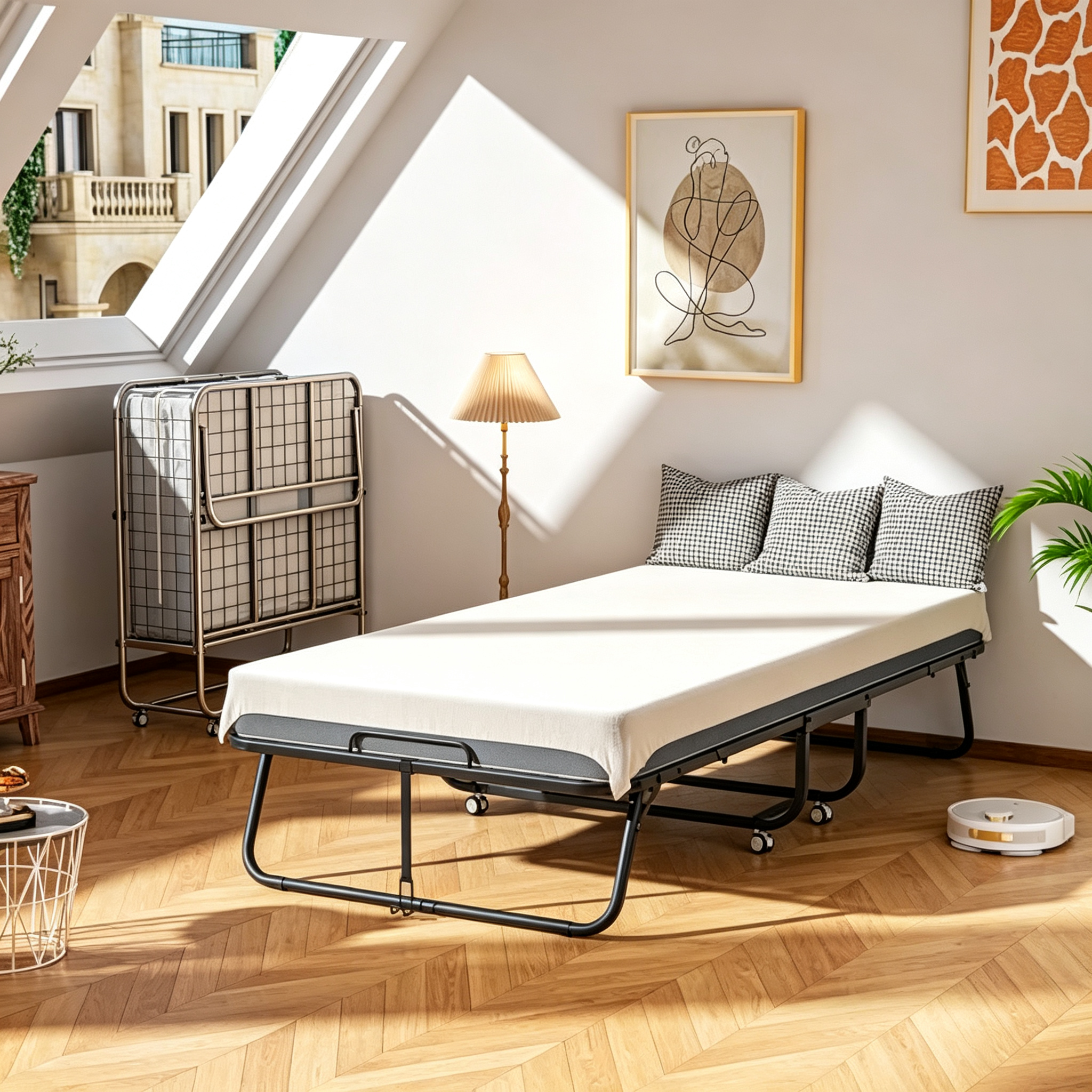 Folding Bed with Mattress, Roll Away Beds with Mattress for Adults, Single Cot Foldable Rollaway Beds, 75" x 31" Portable Bed for Easy Storage, Strong Frame for Guest Room, Small Apartment