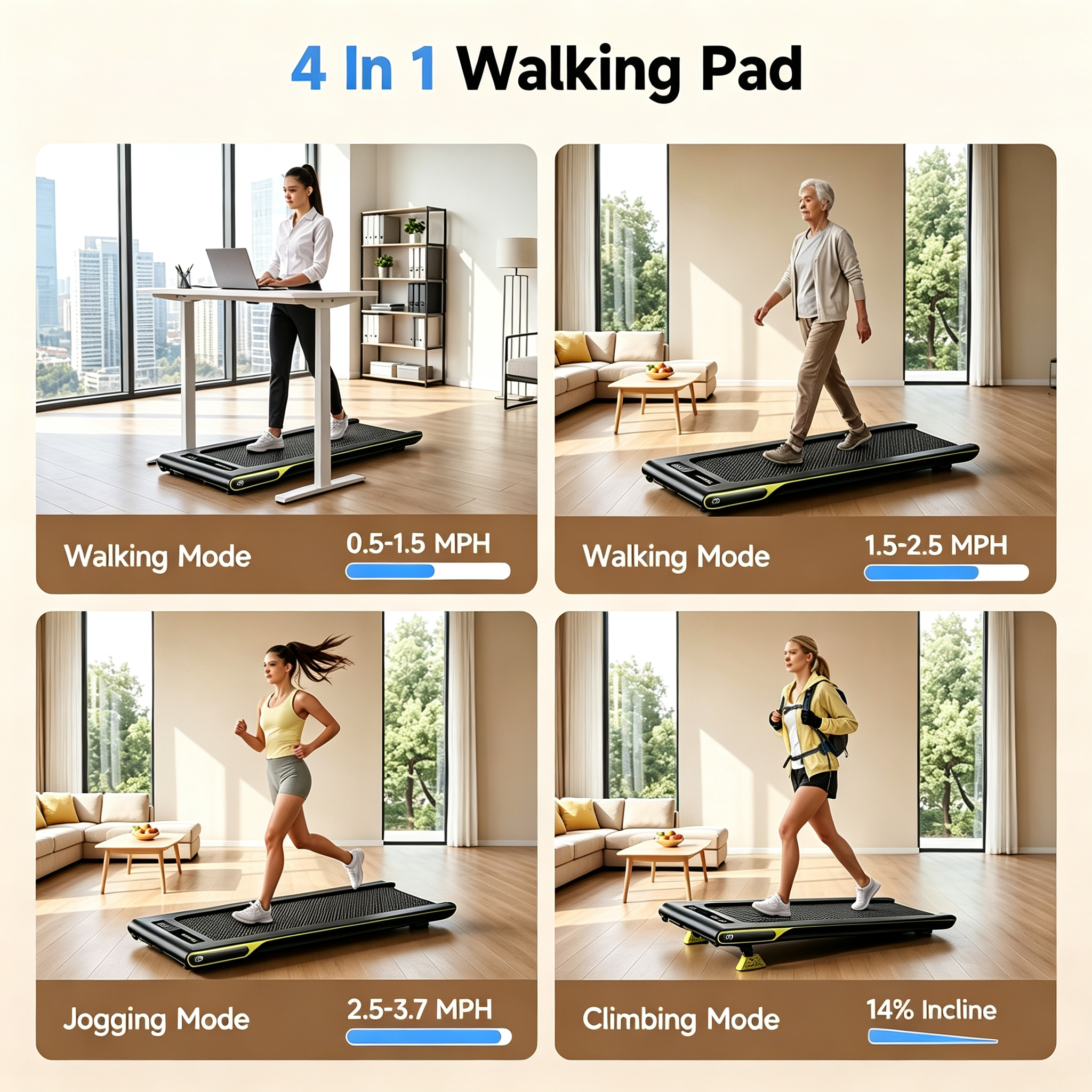 Walking Pad with 14% Incline Under Desk Treadmill for Home & Office