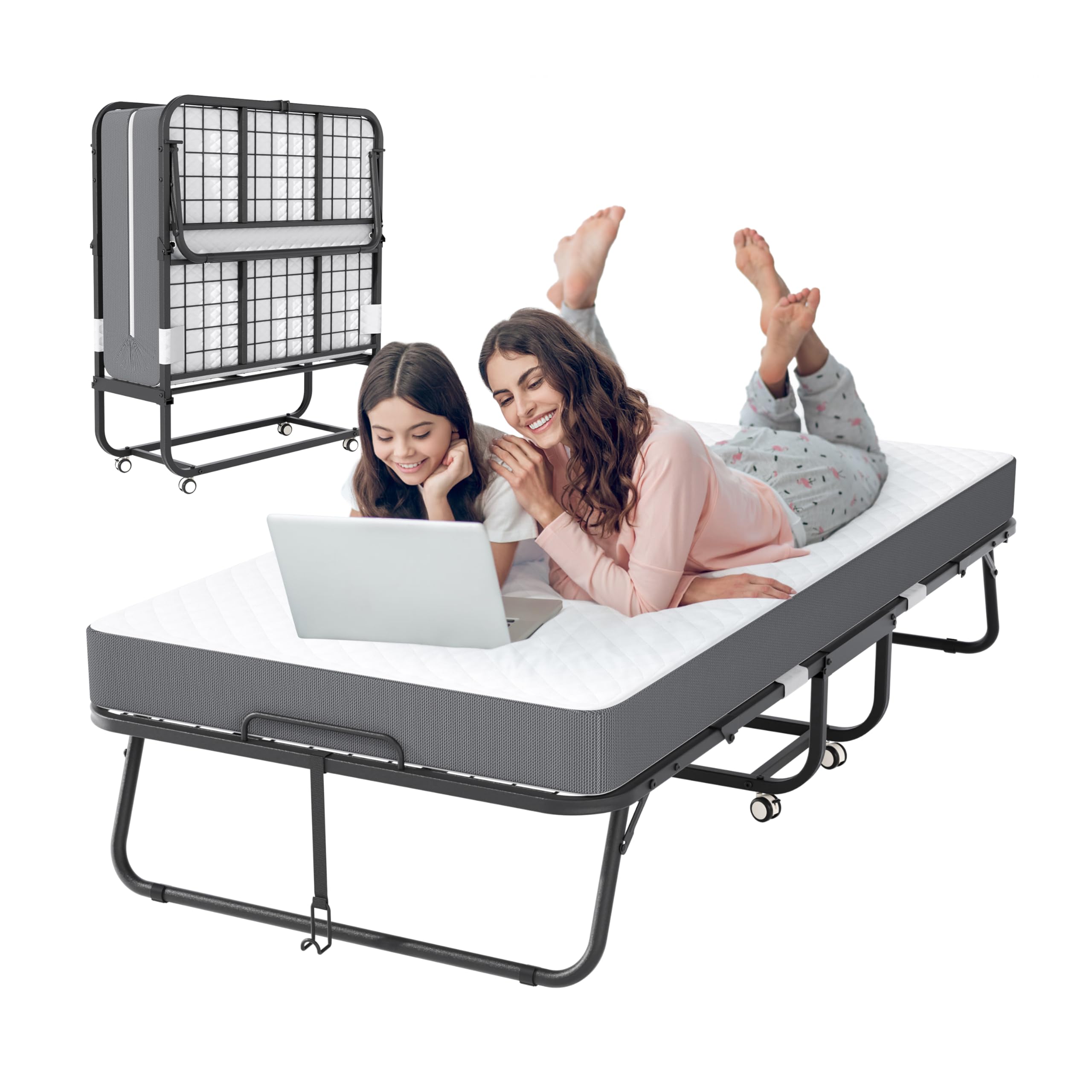 Folding Bed with Mattress, Roll Away Beds with Mattress for Adults, Single Cot Foldable Rollaway Beds, 75" x 31" Portable Bed for Easy Storage, Strong Frame for Guest Room, Small Apartment