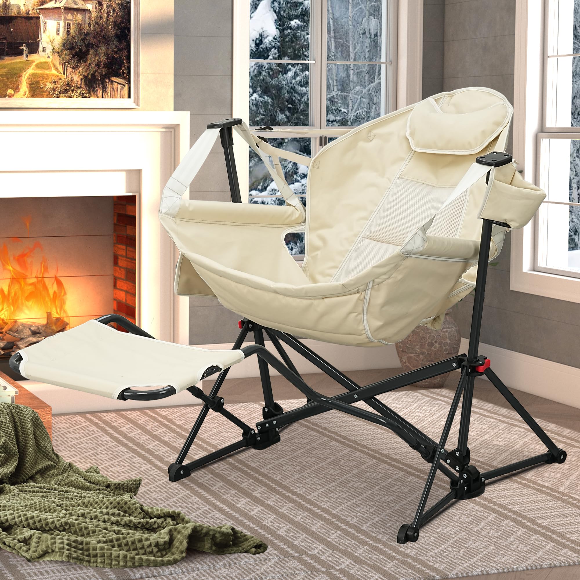 Hammock Chair with Footrest, Oversized Swinging Portable Folding Camping Chairs for Adults Outside Swinging Camp with Cup Holder Pillow for Outdoor Patio Lawn