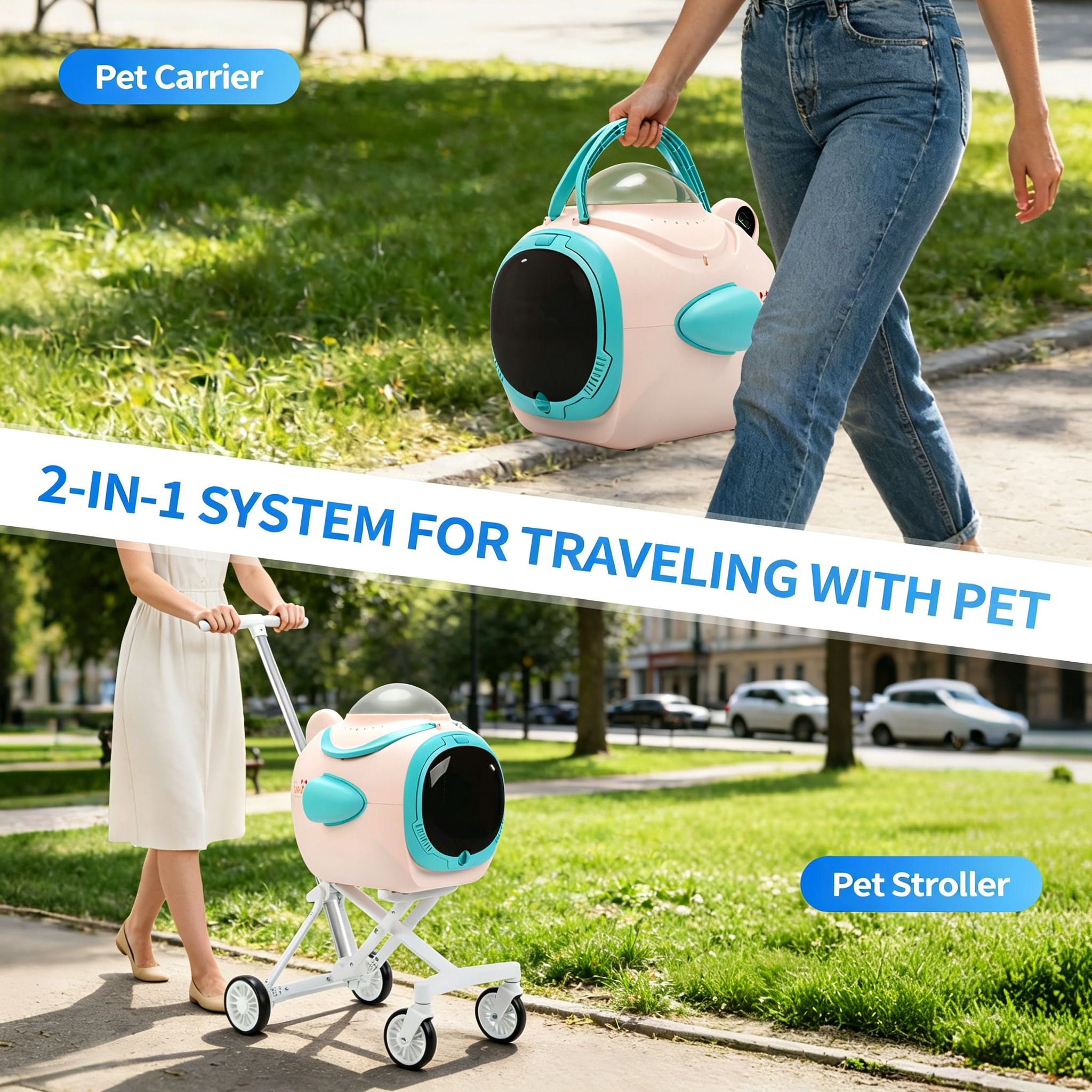 Dog Pet Stroller with Cooling Exhaust Fan, Foldable 4-Wheel Cat Stroller Car Seat with Temperature Display Anti-Irritation Privacy Barrier
