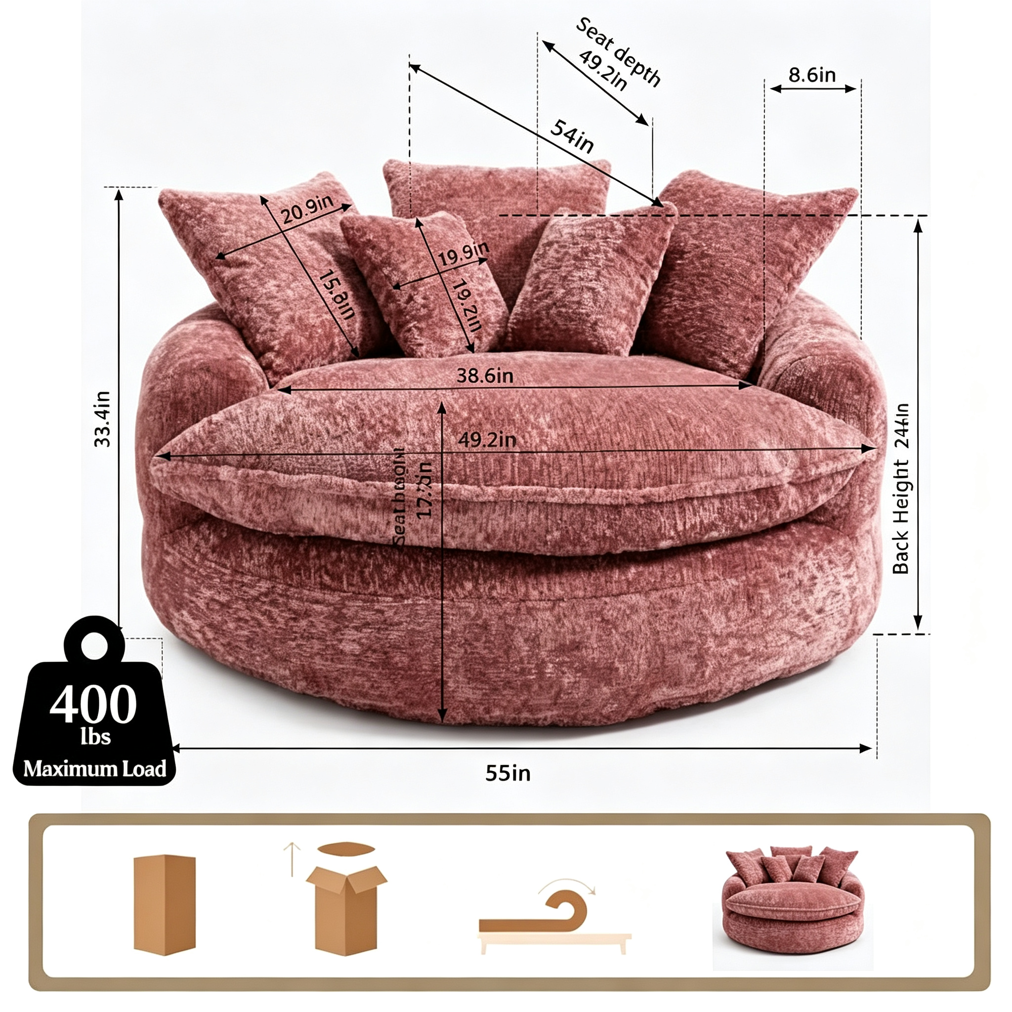 Oversized Chenille Round Sofa, Fluffy Reading Chair for Living Room