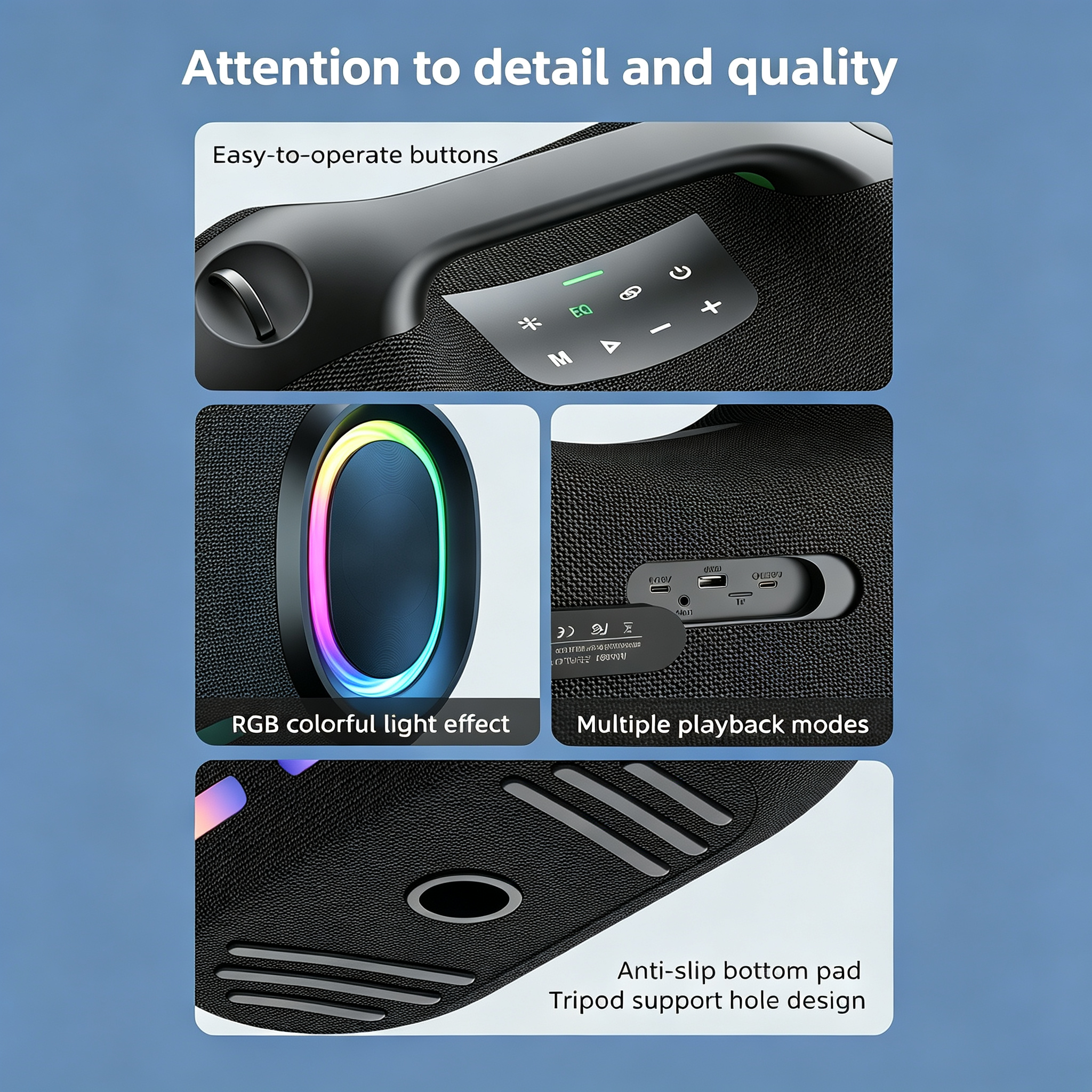 250W High Volume Portable Blue Tooth Audio Speaker Outdoor Waterproof Wireless Subwoofer Suporrt USB/TF/AUX RGB Light.