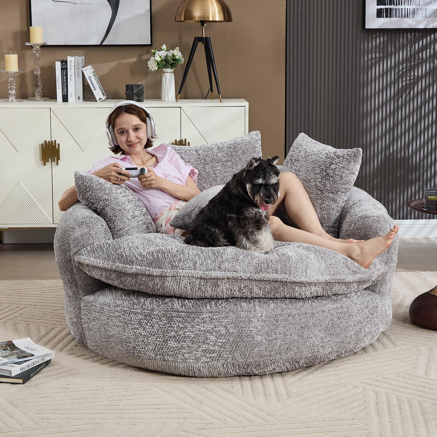 Oversized Chenille Round Sofa, Fluffy Reading Chair for Living Room