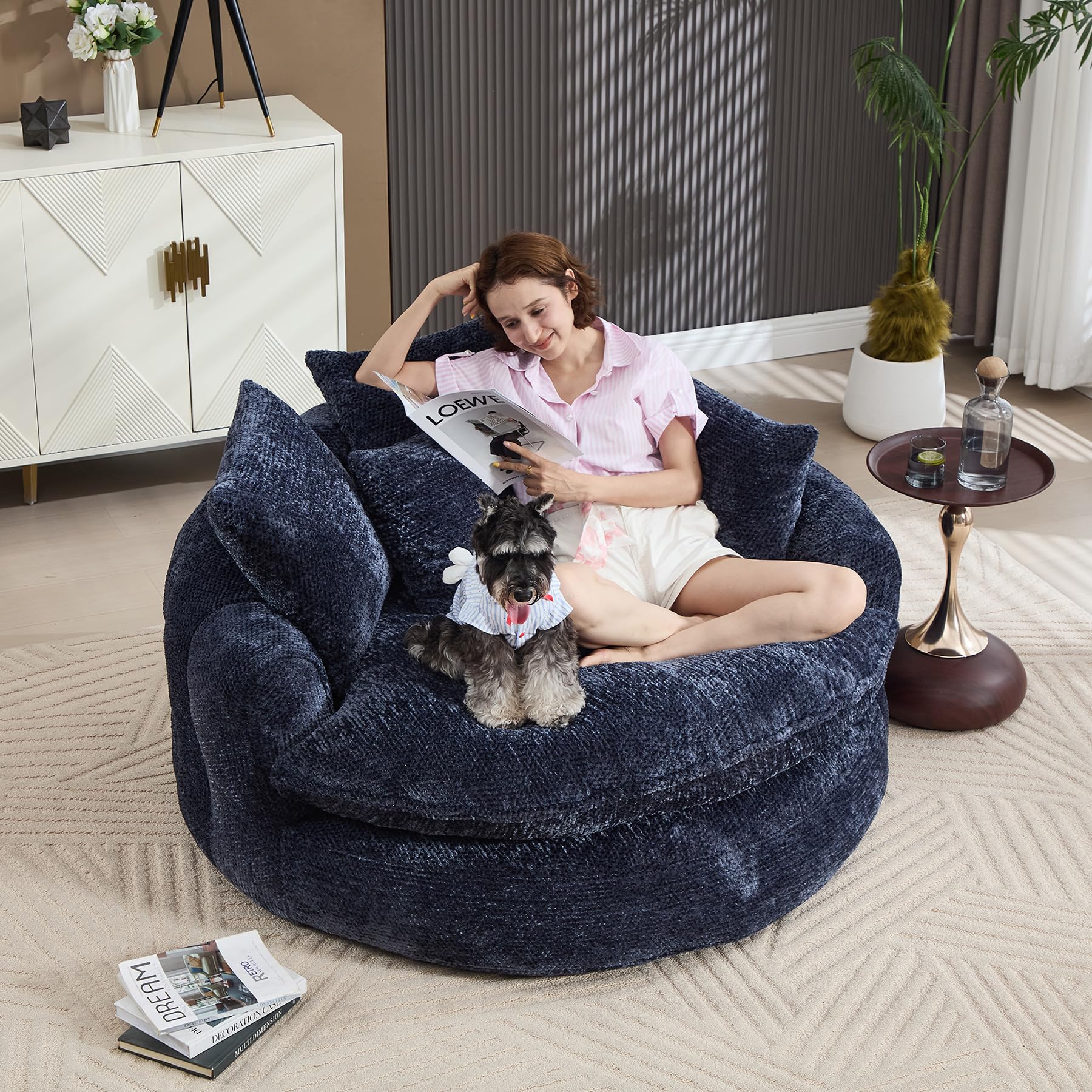 Oversized Chenille Round Sofa, Fluffy Reading Chair for Living Room