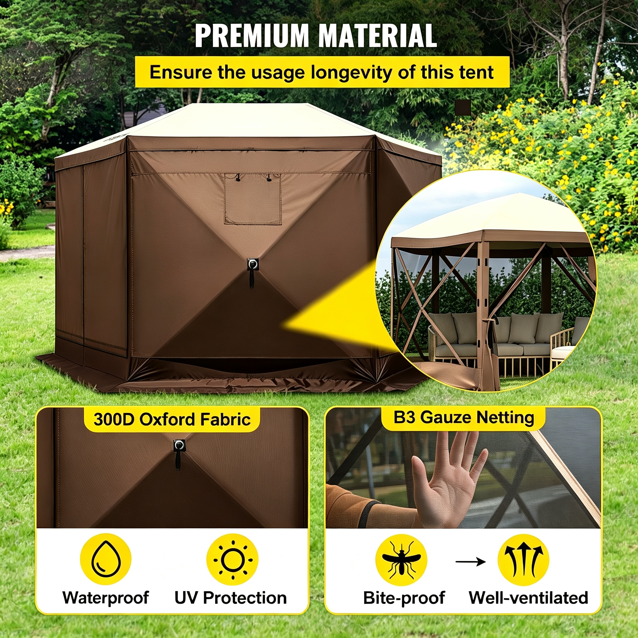 8-Person Waterproof 10x10ft Camping Pop-Up Canopy Tent Ground Stakes Mesh Windows Portable Storage Bag Brown Beige