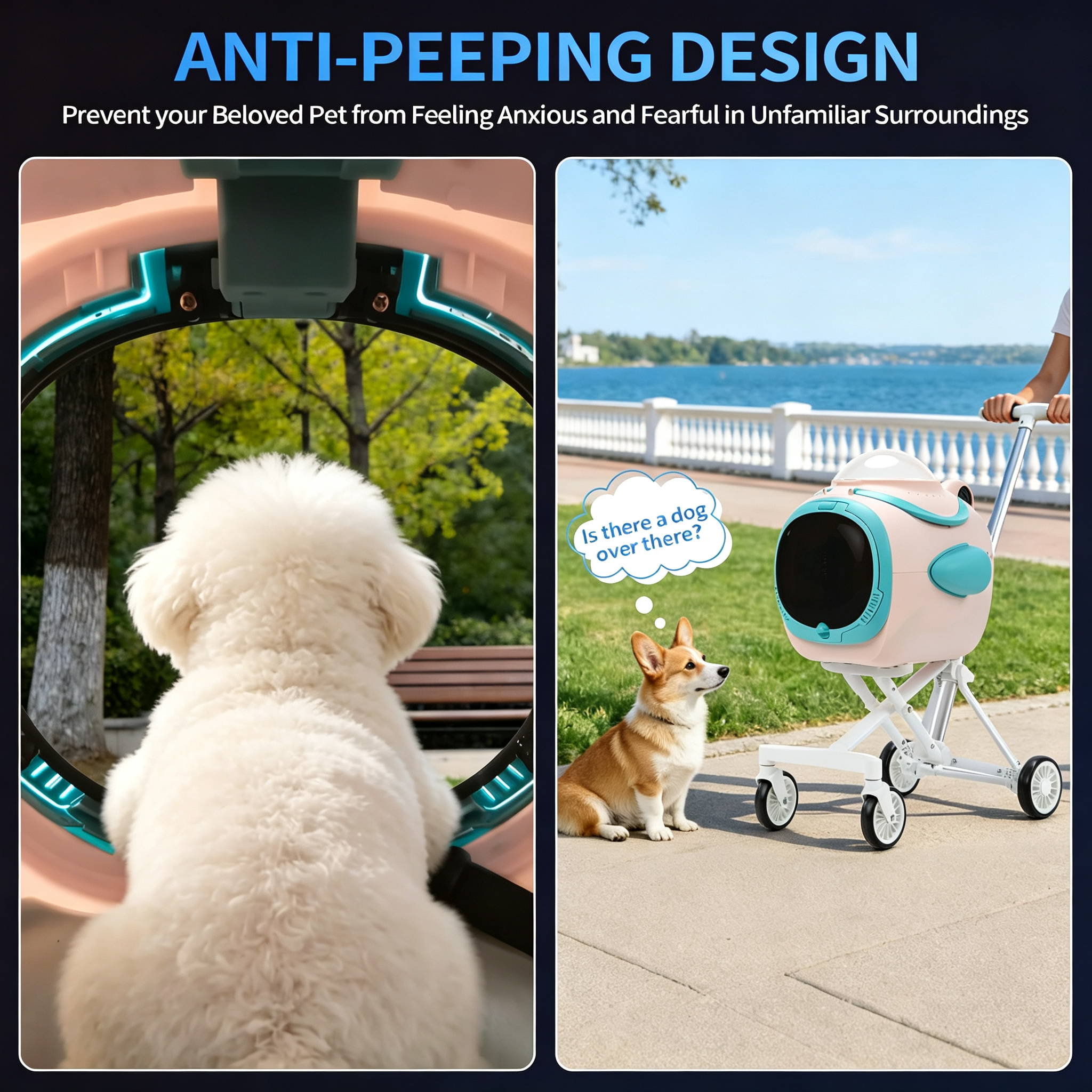 Dog Pet Stroller with Cooling Exhaust Fan, Foldable 4-Wheel Cat Stroller Car Seat with Temperature Display Anti-Irritation Privacy Barrier