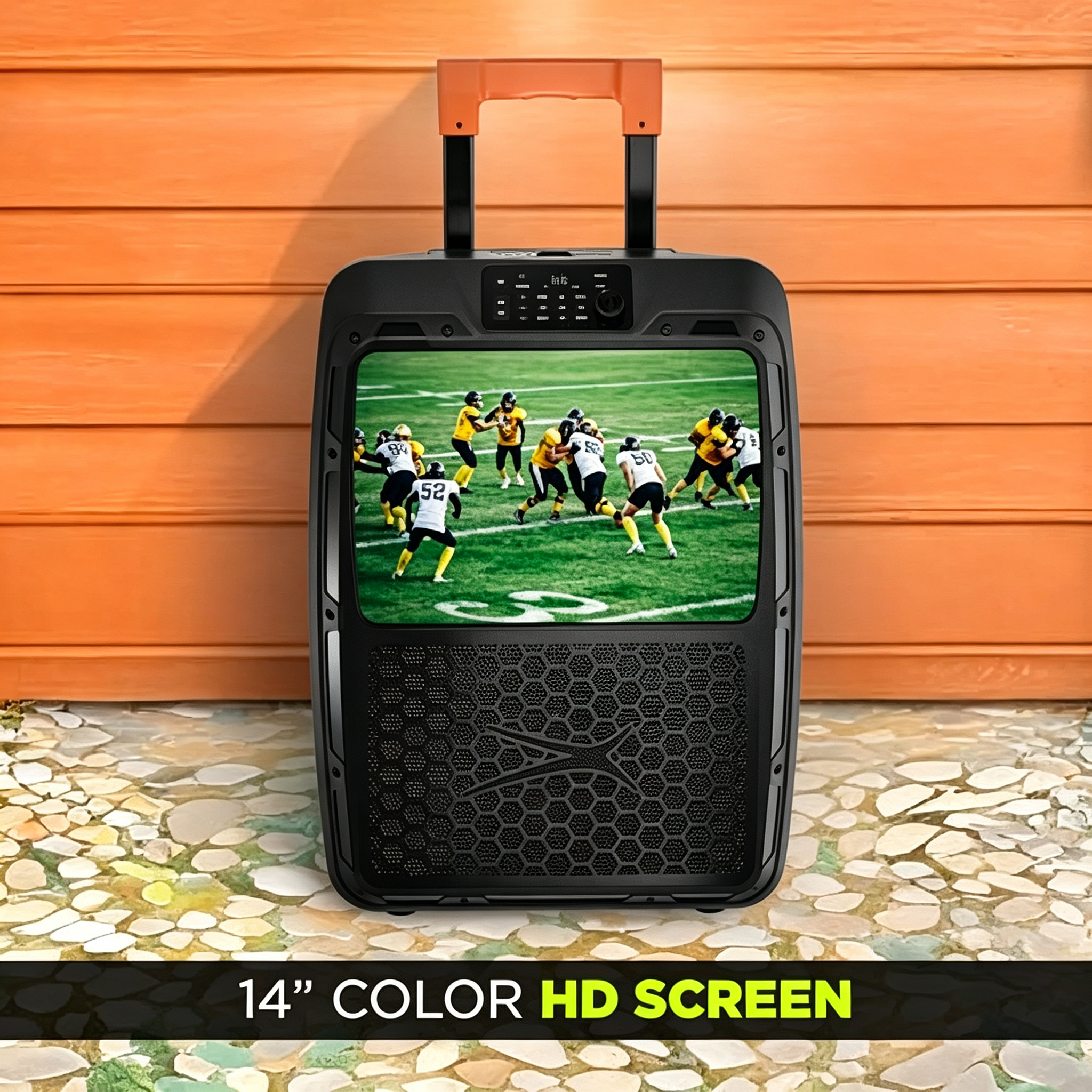 Portable Bluetooth Speaker with 14” 1080P Display, 150W Peak Power,, IPX4 Water Resistance & Built-in Trolley Handle