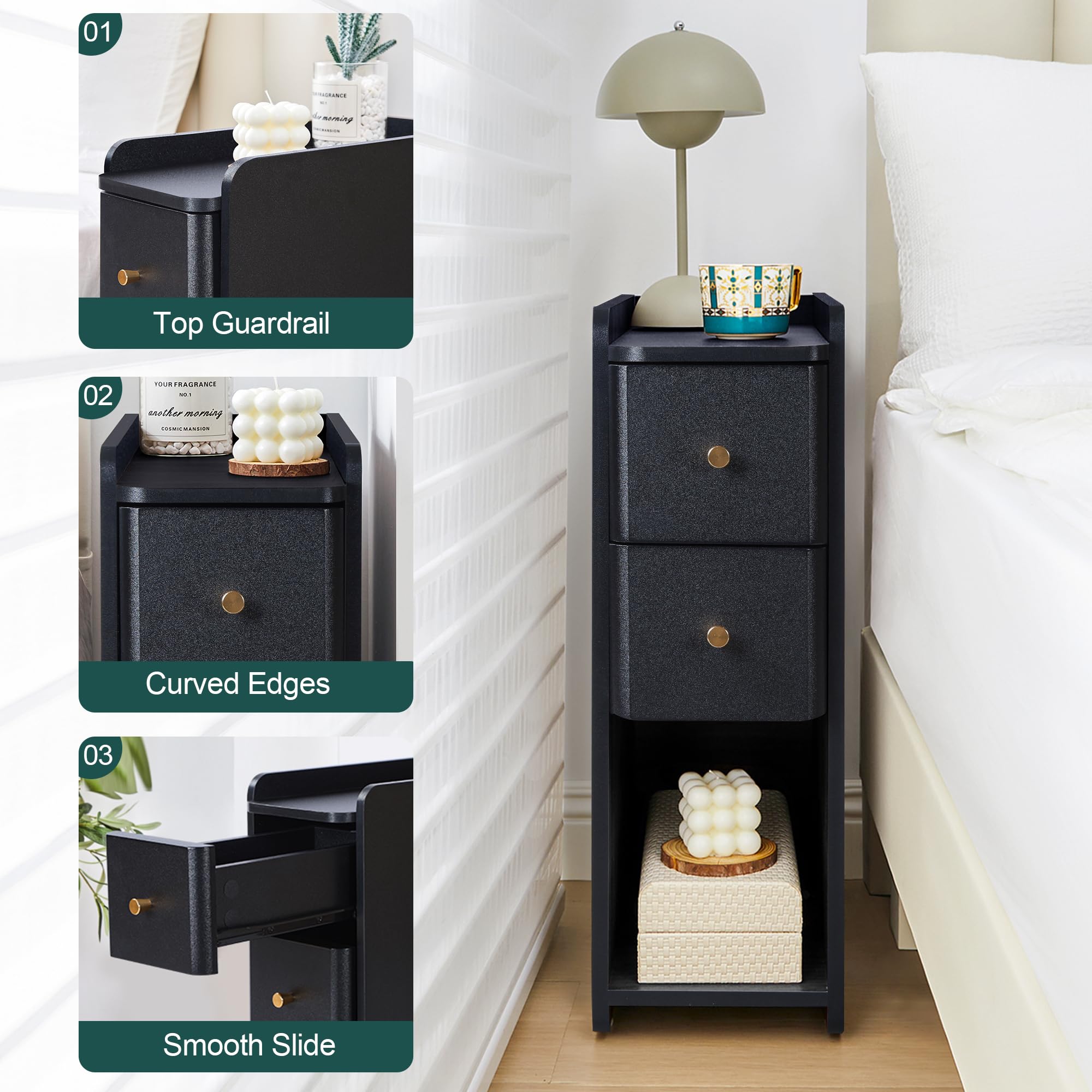Narrow Nightstand Set of 2, Skinny Bedside Table, Mid Century Modern Night Stand with Drawers for Bedroom