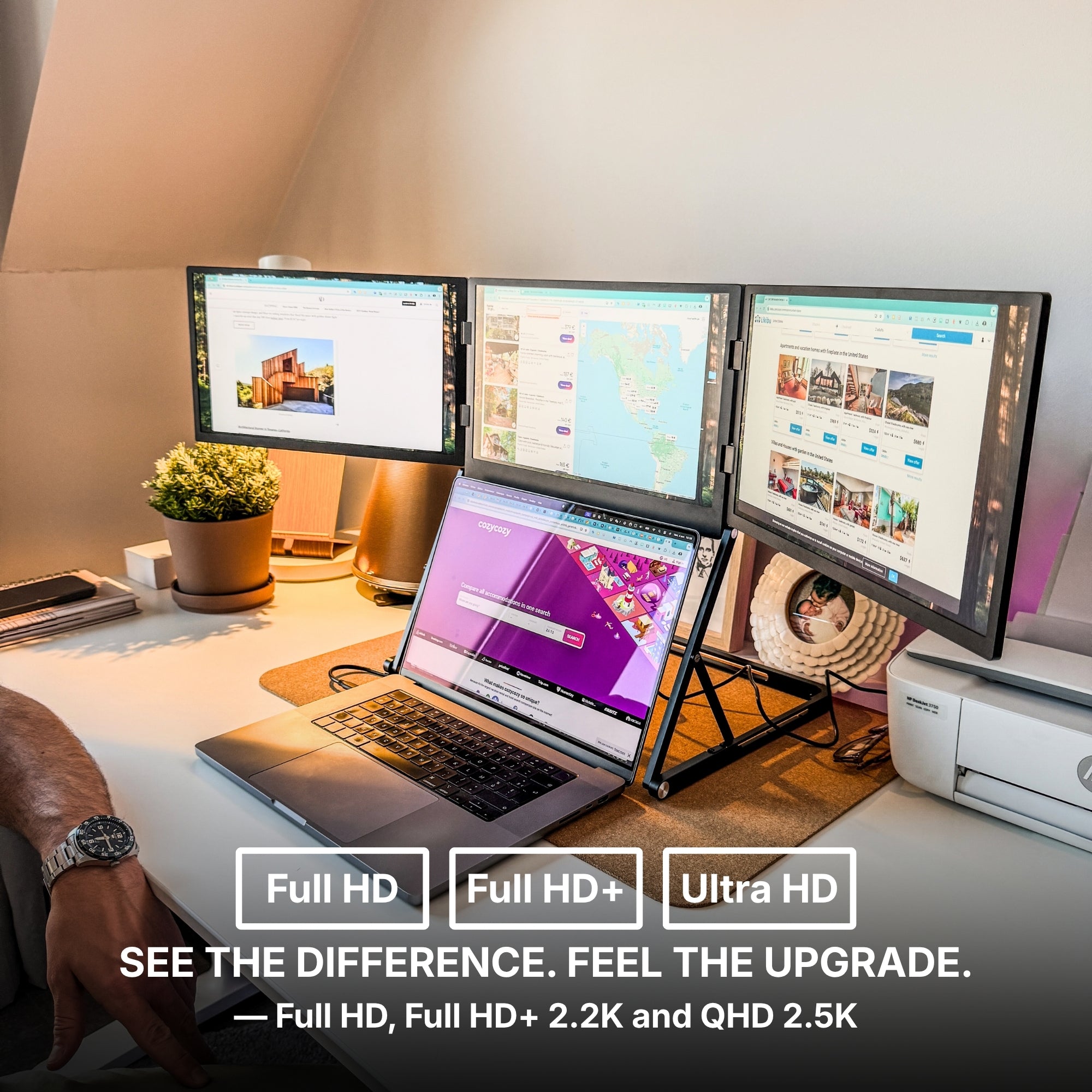 Fold‑Out Triple Portable Monitor for Laptops, 1080P Full HD 3‑Screen Workstation, Adjustable Aluminum Stand, Plug‑and‑Play for Most Laptops