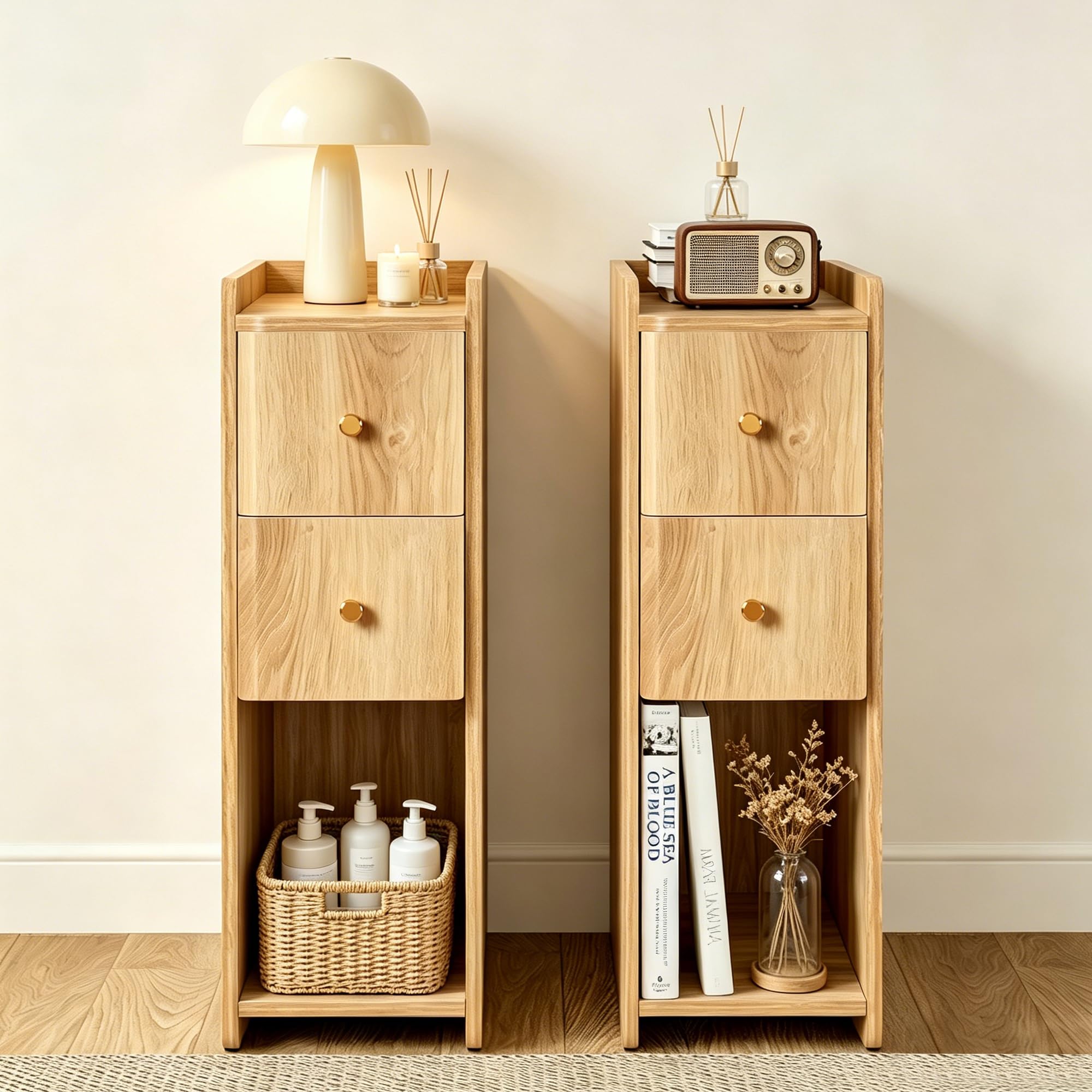 Narrow Nightstand Set of 2, Skinny Bedside Table, Mid Century Modern Night Stand with Drawers for Bedroom