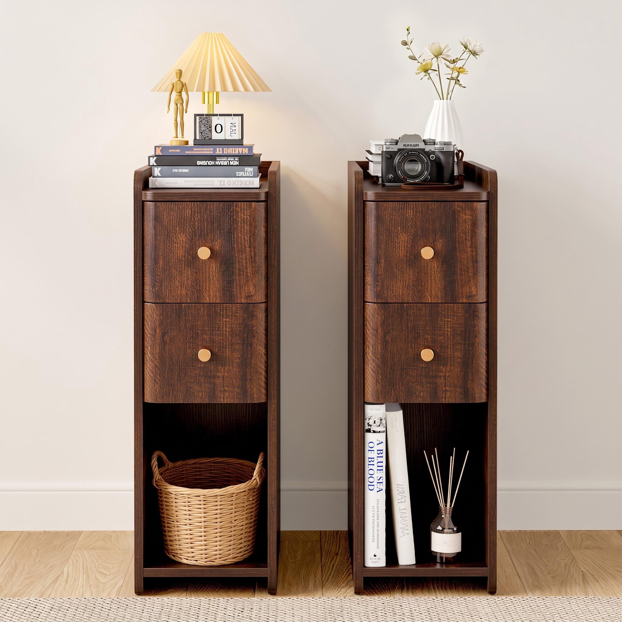 Narrow Nightstand Set of 2, Skinny Bedside Table, Mid Century Modern Night Stand with Drawers for Bedroom