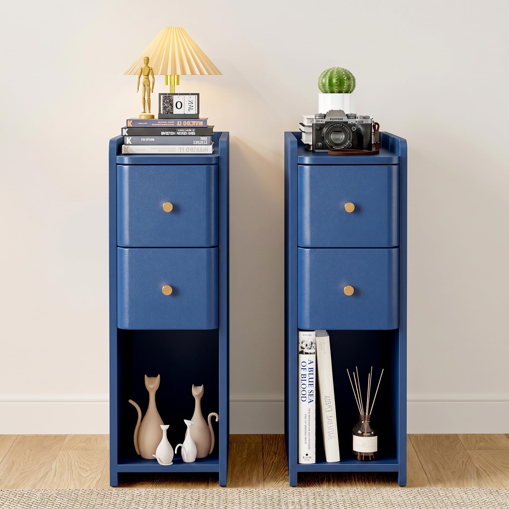 Narrow Nightstand Set of 2, Skinny Bedside Table, Mid Century Modern Night Stand with Drawers for Bedroom