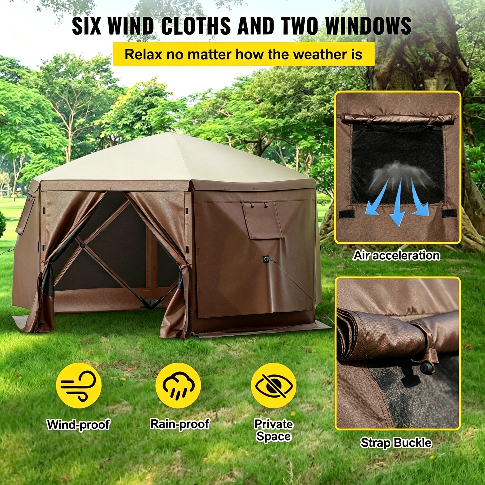 8-Person Waterproof 10x10ft Camping Pop-Up Canopy Tent Ground Stakes Mesh Windows Portable Storage Bag Brown Beige