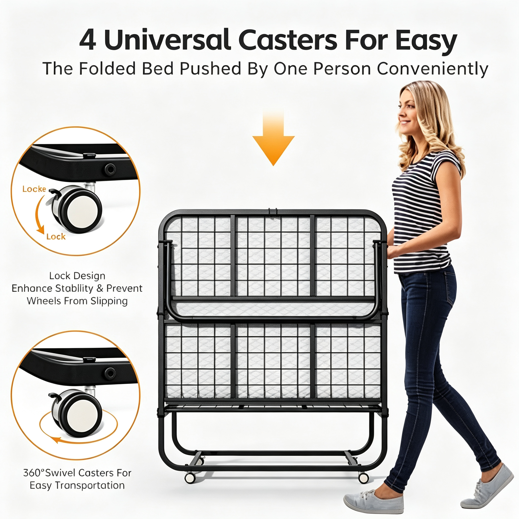 Folding Bed with Mattress, Roll Away Beds with Mattress for Adults, Single Cot Foldable Rollaway Beds, 75" x 31" Portable Bed for Easy Storage, Strong Frame for Guest Room, Small Apartment