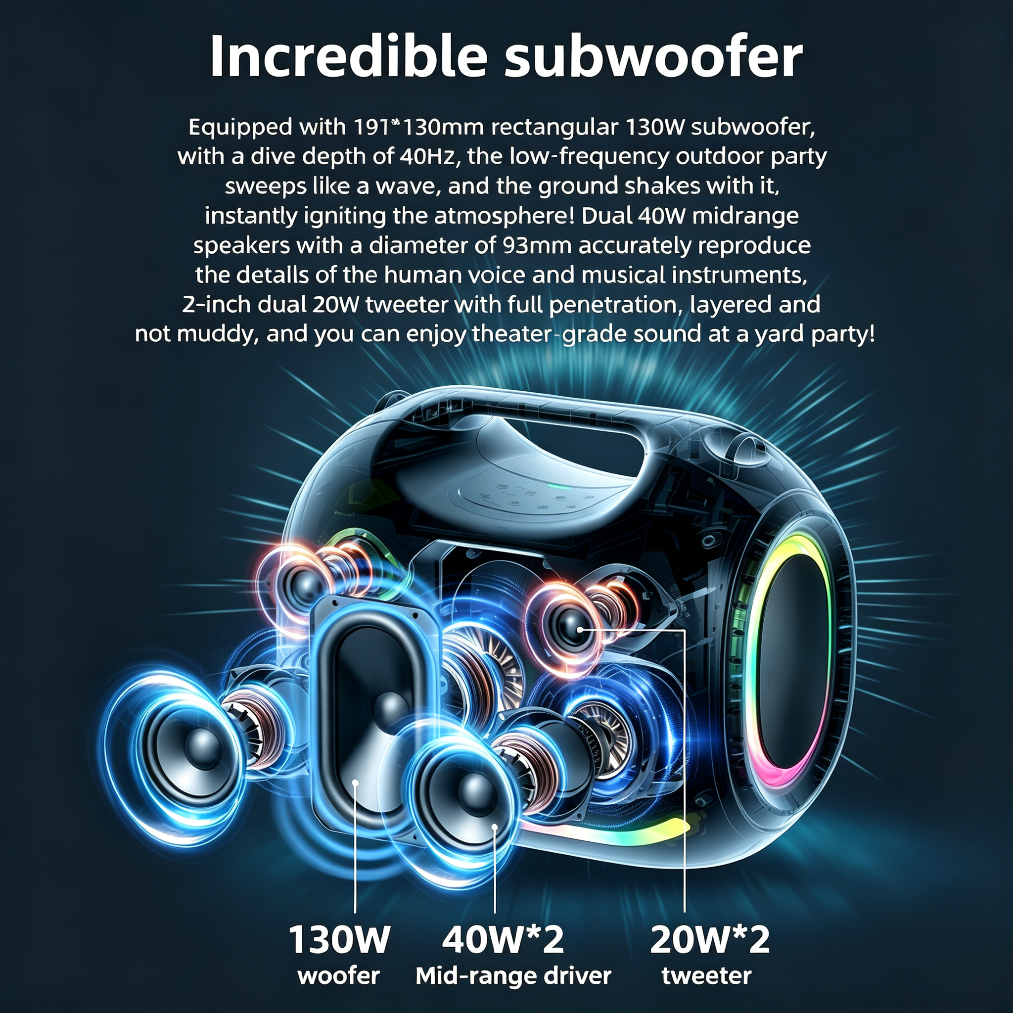 250W High Volume Portable Blue Tooth Audio Speaker Outdoor Waterproof Wireless Subwoofer Suporrt USB/TF/AUX RGB Light.