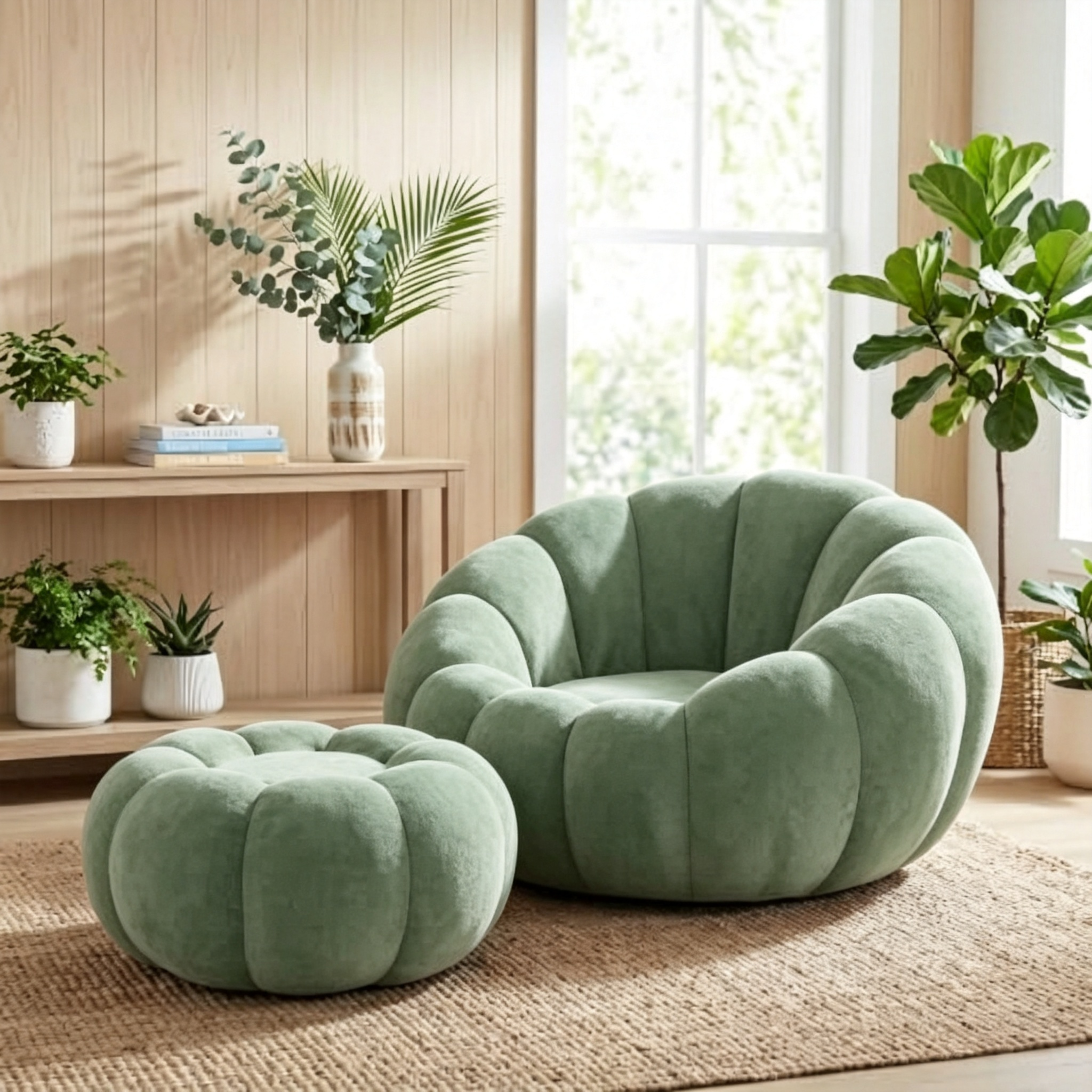 Oversized Pumpkin Accent Chair – 42" Floor Sofa with Memory Foam & Ottoman, No Assembly