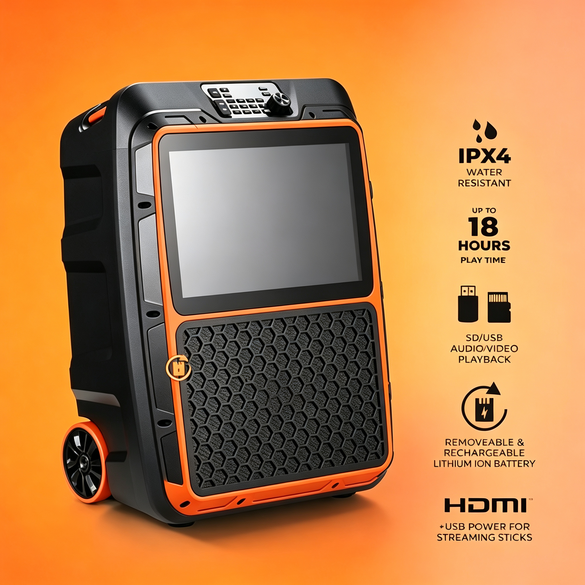 Portable Bluetooth Speaker with 14” 1080P Display, 150W Peak Power,, IPX4 Water Resistance & Built-in Trolley Handle