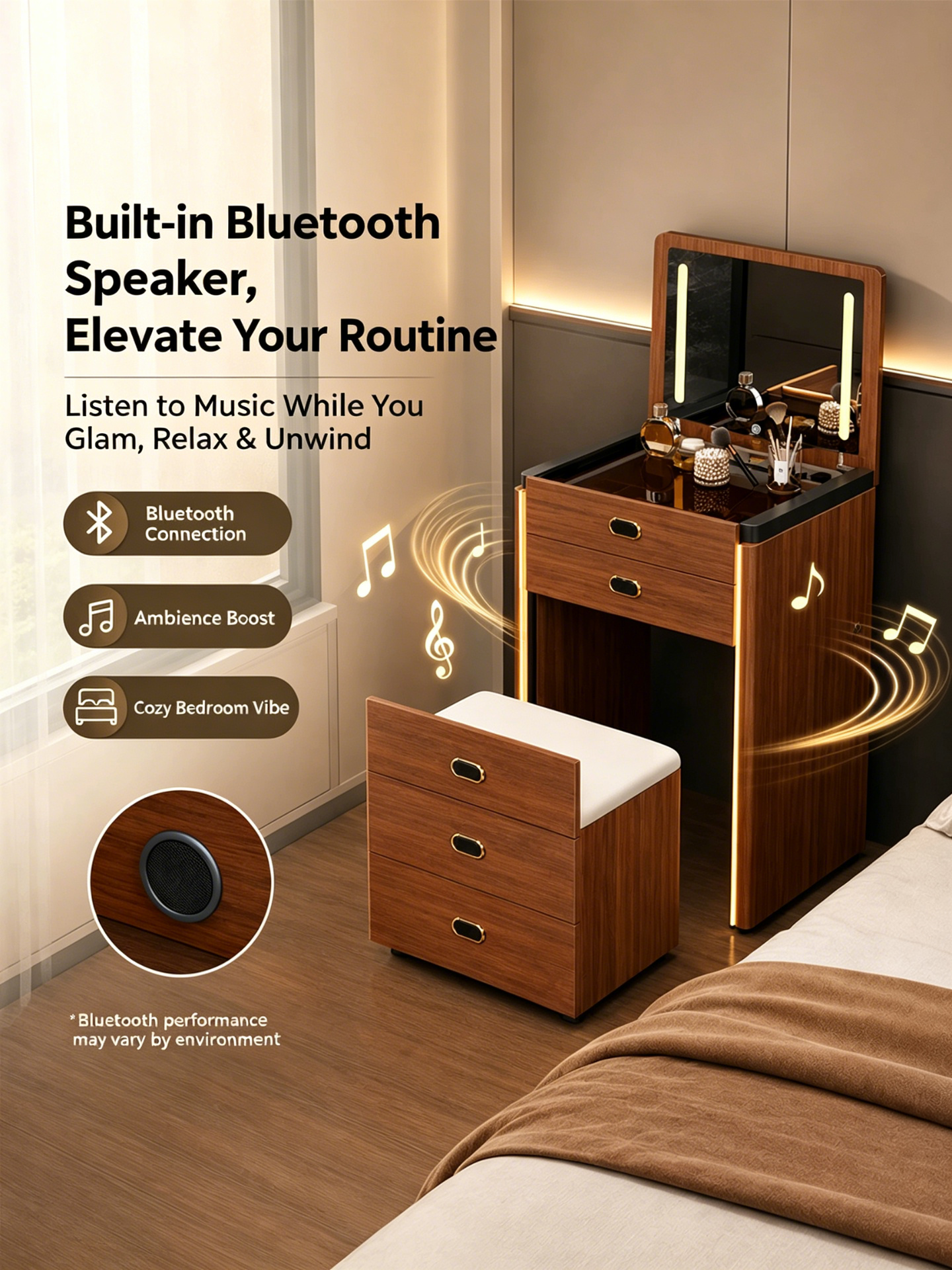  Smart Nightstand with LED Lighting and Safe Box