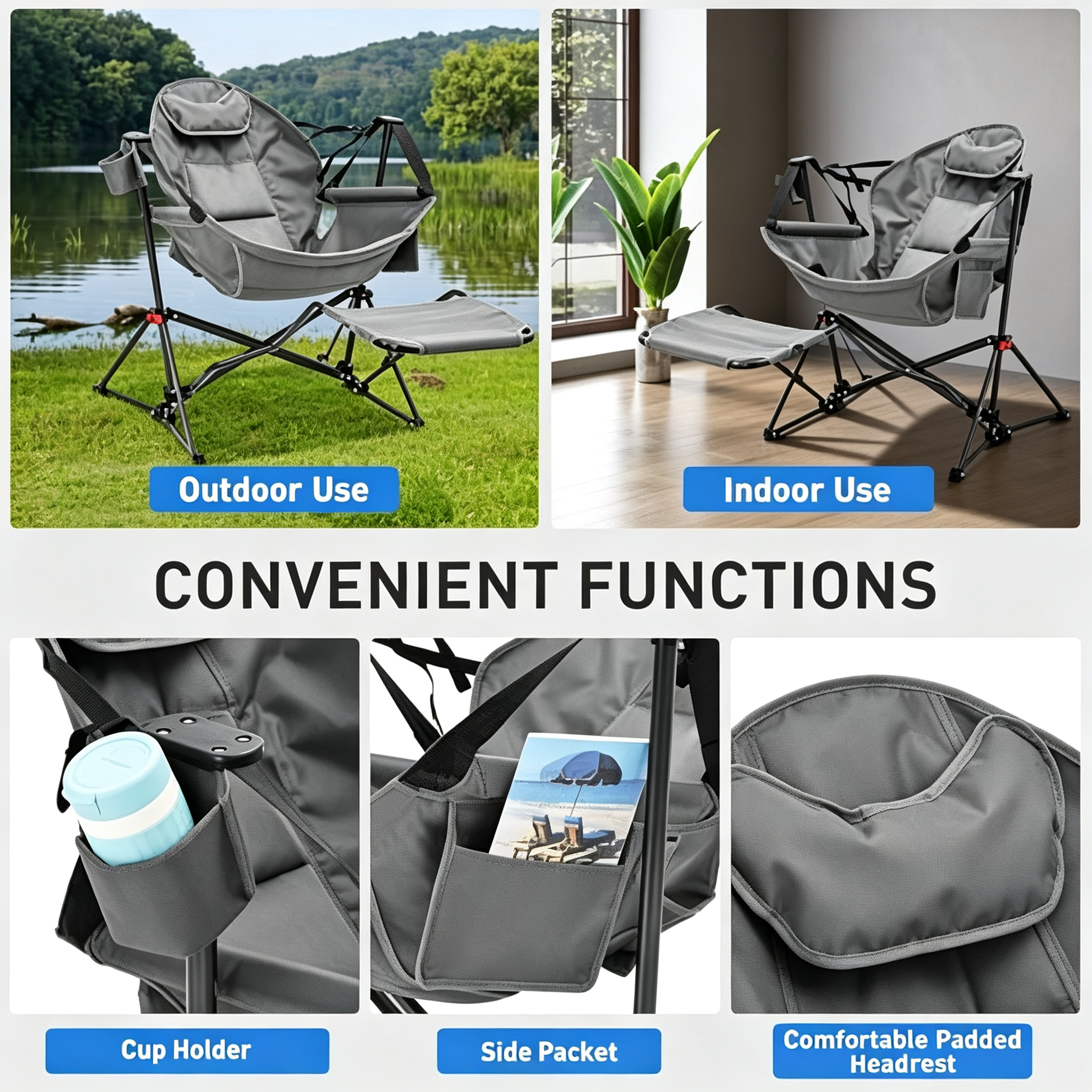 Hammock Chair with Footrest, Oversized Swinging Portable Folding Camping Chairs for Adults Outside Swinging Camp with Cup Holder Pillow for Outdoor Patio Lawn