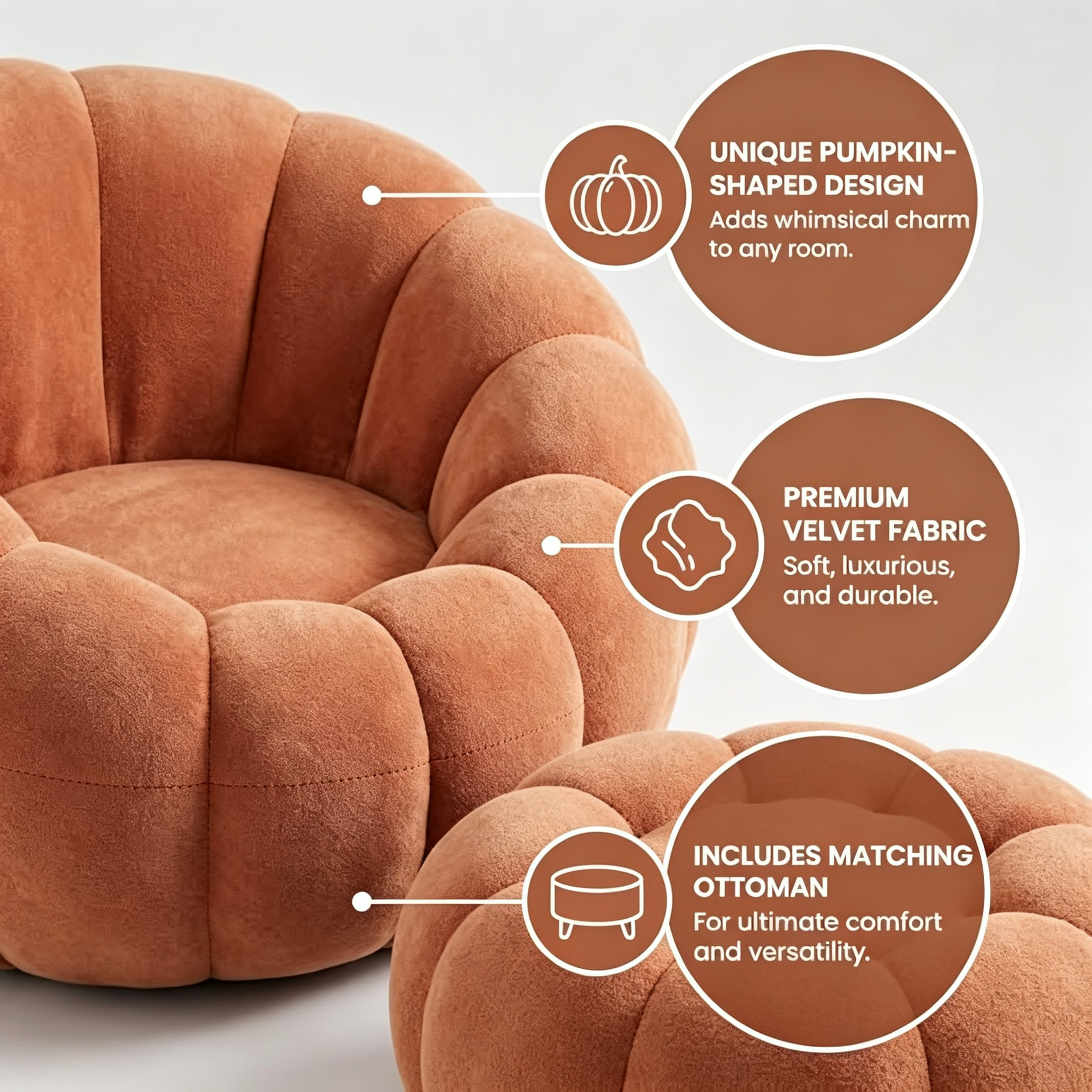 Oversized Pumpkin Accent Chair – 42" Floor Sofa with Memory Foam & Ottoman, No Assembly