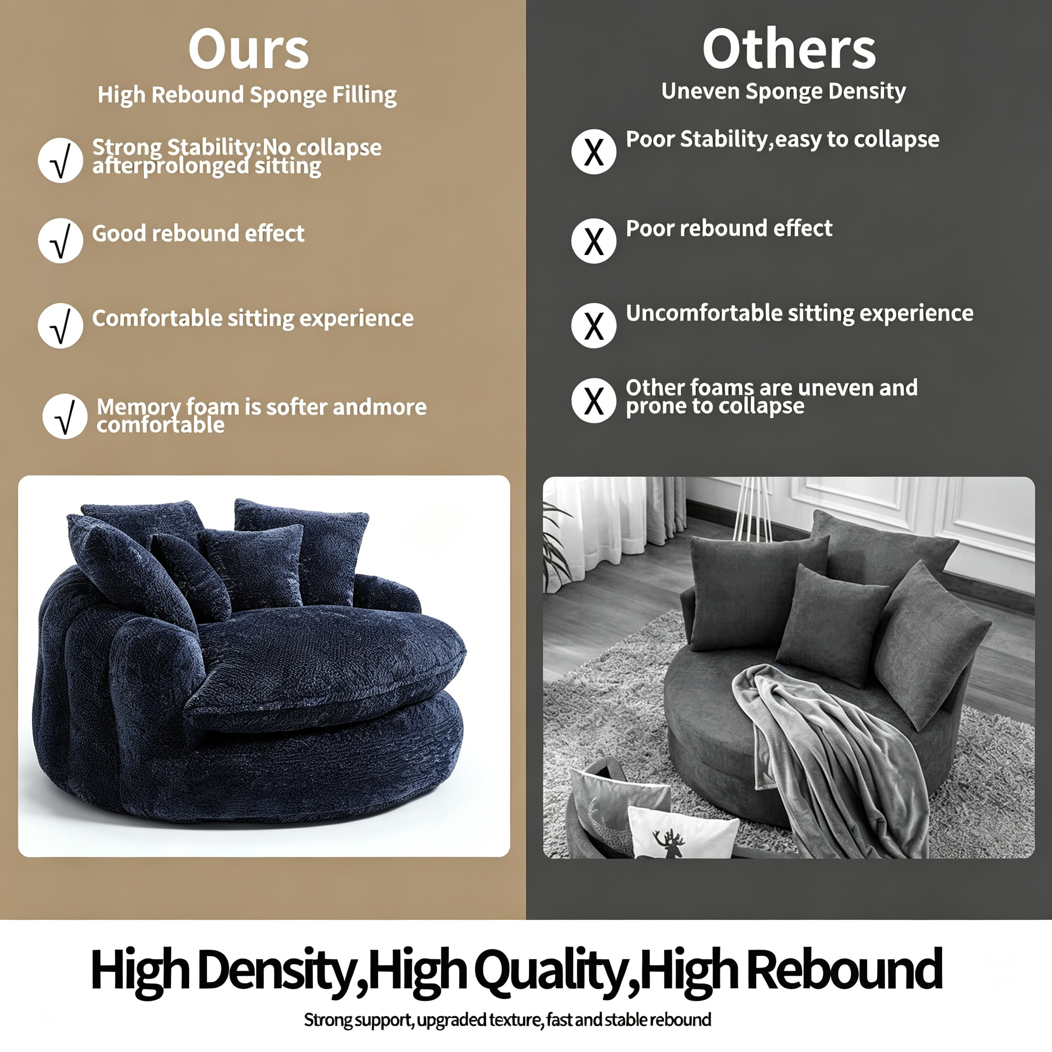 Oversized Chenille Round Sofa, Fluffy Reading Chair for Living Room