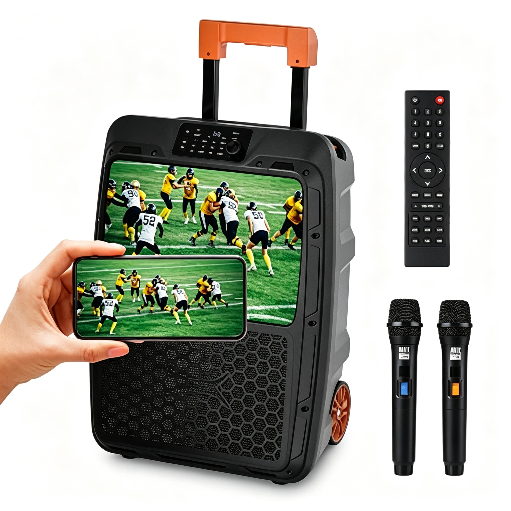 Portable Bluetooth Speaker with 14” 1080P Display, 150W Peak Power,, IPX4 Water Resistance & Built-in Trolley Handle