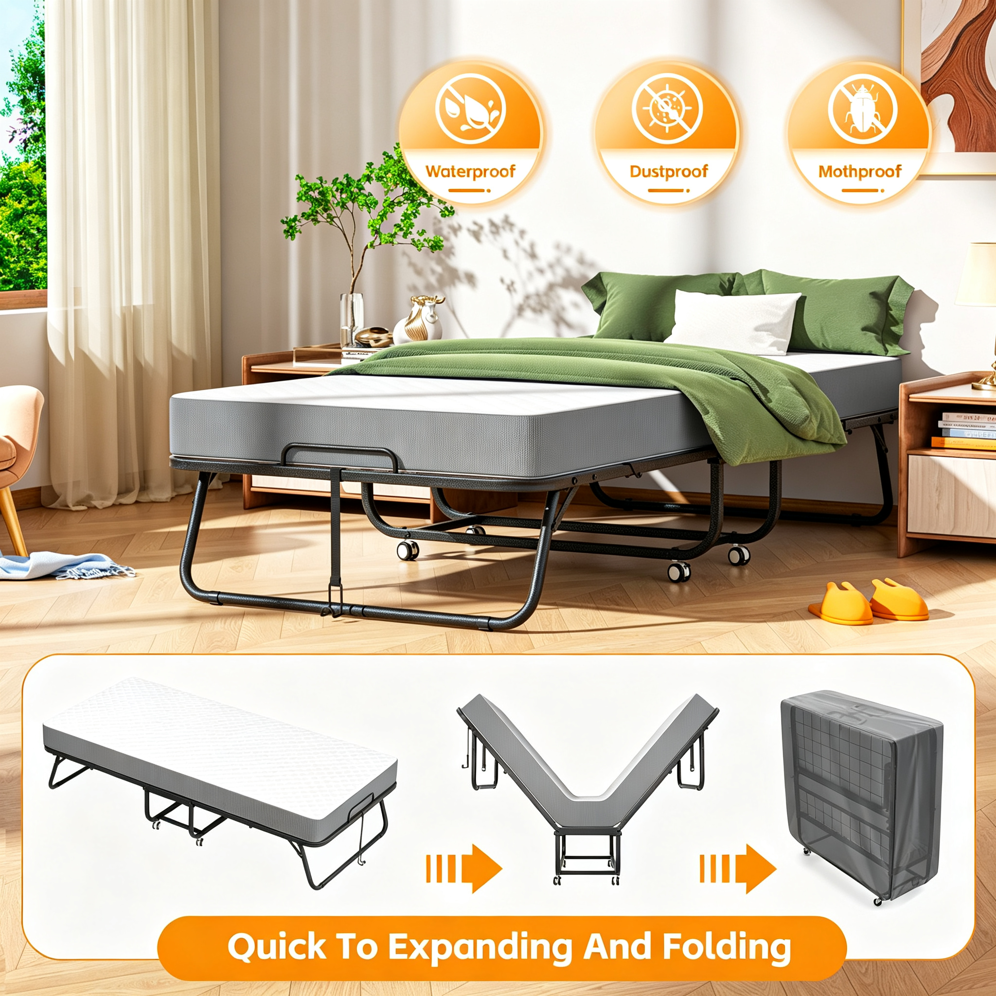 Folding Bed with Mattress, Roll Away Beds with Mattress for Adults, Single Cot Foldable Rollaway Beds, 75" x 31" Portable Bed for Easy Storage, Strong Frame for Guest Room, Small Apartment
