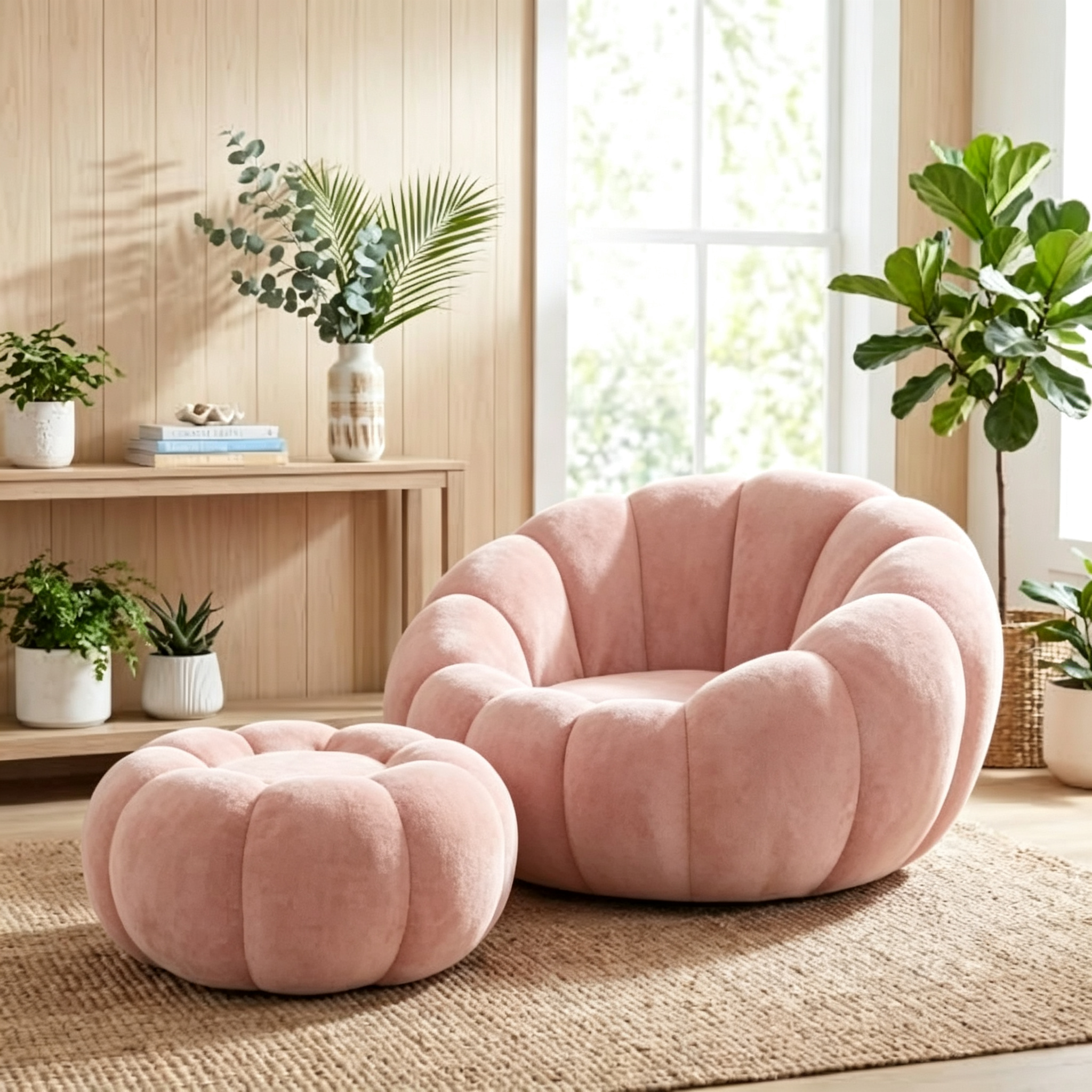 Oversized Pumpkin Accent Chair – 42" Floor Sofa with Memory Foam & Ottoman, No Assembly