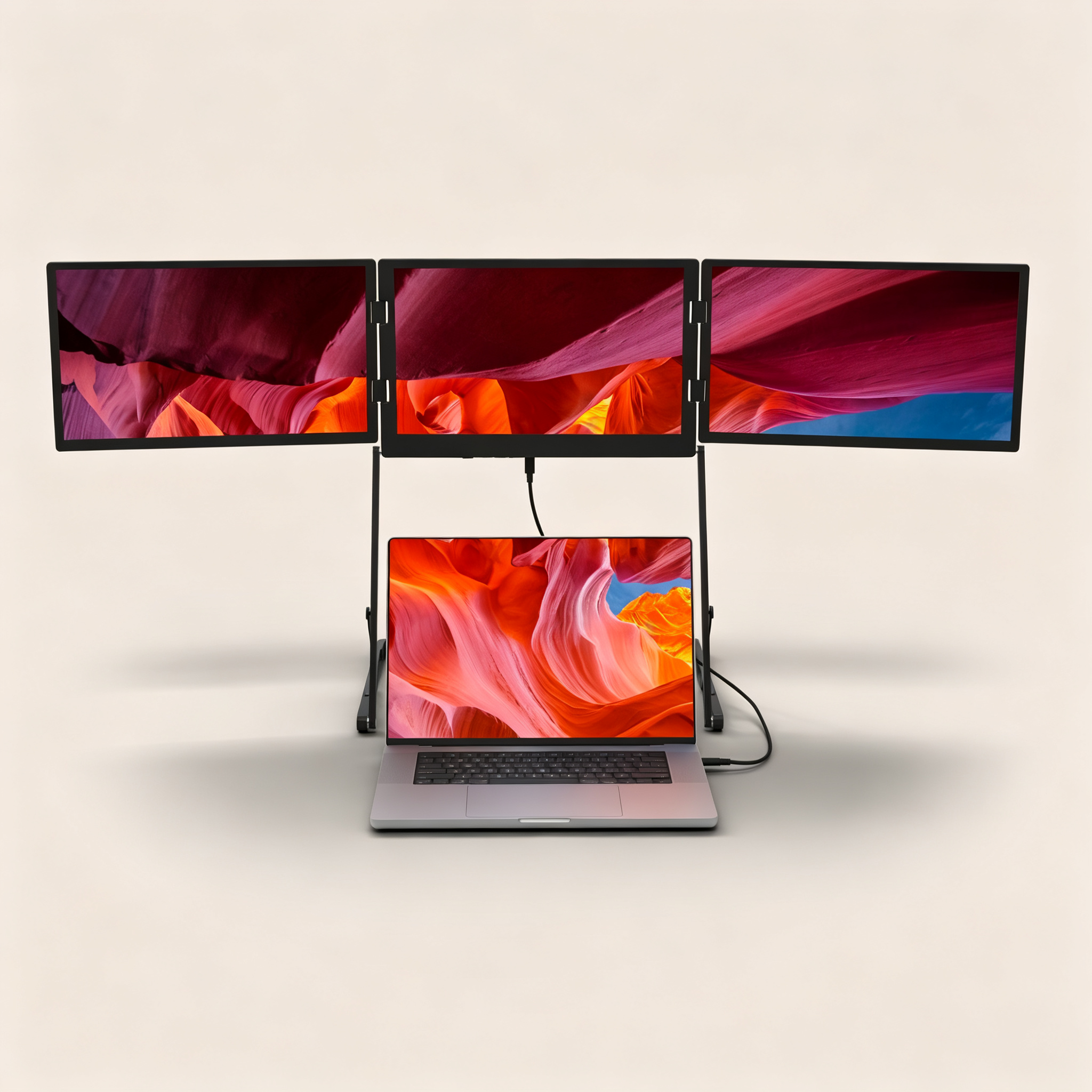 Fold‑Out Triple Portable Monitor for Laptops, 1080P Full HD 3‑Screen Workstation, Adjustable Aluminum Stand, Plug‑and‑Play for Most Laptops