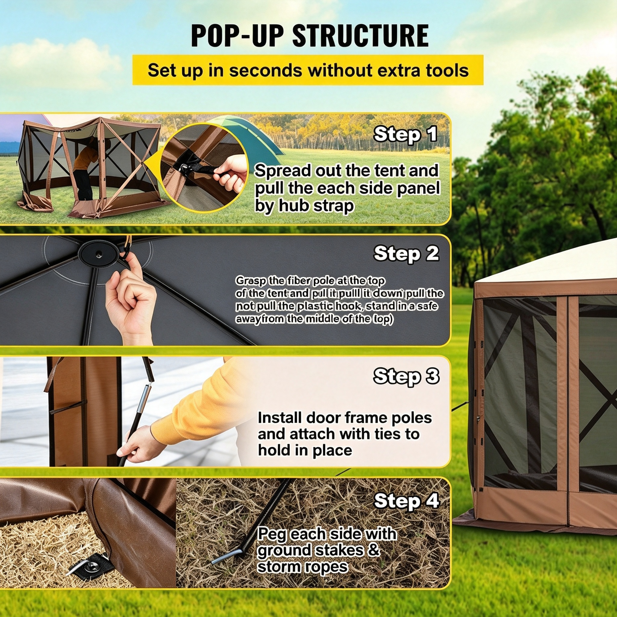 8-Person Waterproof 10x10ft Camping Pop-Up Canopy Tent Ground Stakes Mesh Windows Portable Storage Bag Brown Beige