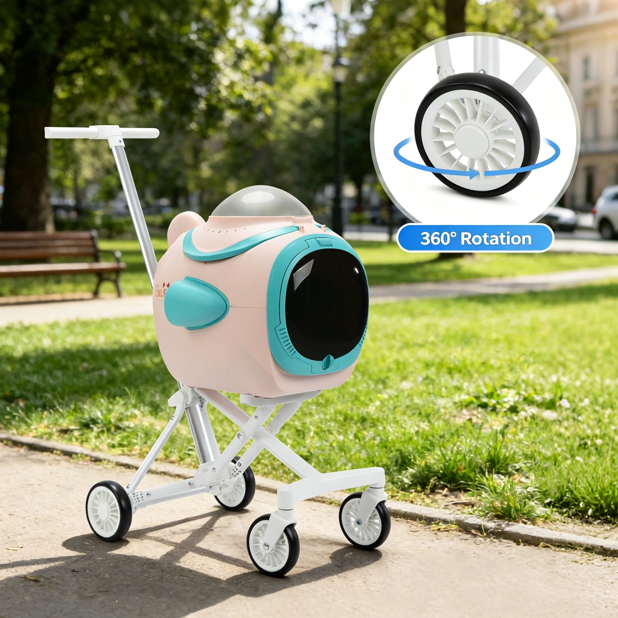 Dog Pet Stroller with Cooling Exhaust Fan, Foldable 4-Wheel Cat Stroller Car Seat with Temperature Display Anti-Irritation Privacy Barrier