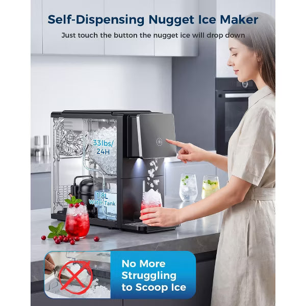 Countertop Nugget Ice Maker with One-Touch Dispensing – 33lbs/Day Production